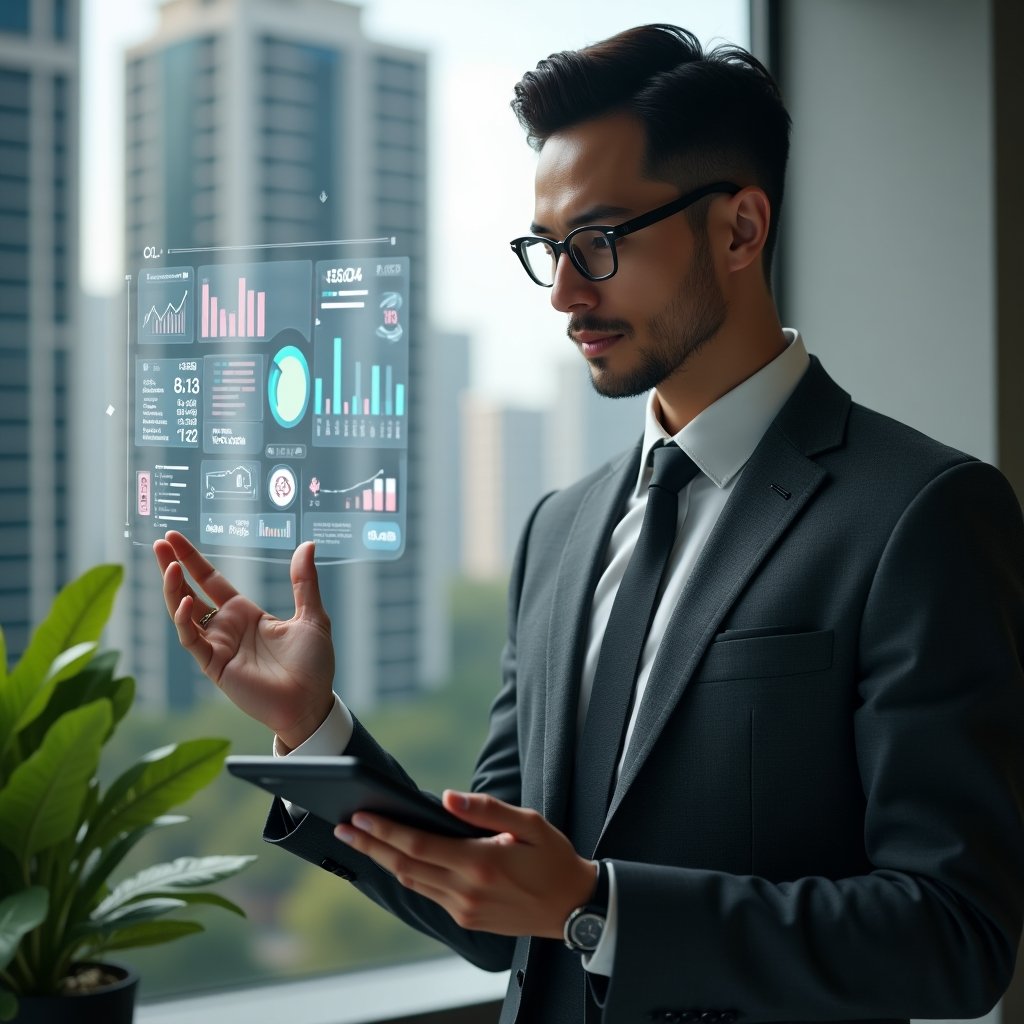 Ultra-realistic condominium manager in a tailored dark gray suit, set in a modern luxury condominium environment with high-rise buildings and manicured greenery, confidently examining a floating holographic budget dashboard displaying pie charts and cost breakdowns, translucent icons of coins and graphs orbiting around, cinematic lighting, shallow depth of field, highly detailed textures, realistic skin, photographic realism, 8k resolution --ar 1:1 --v 6