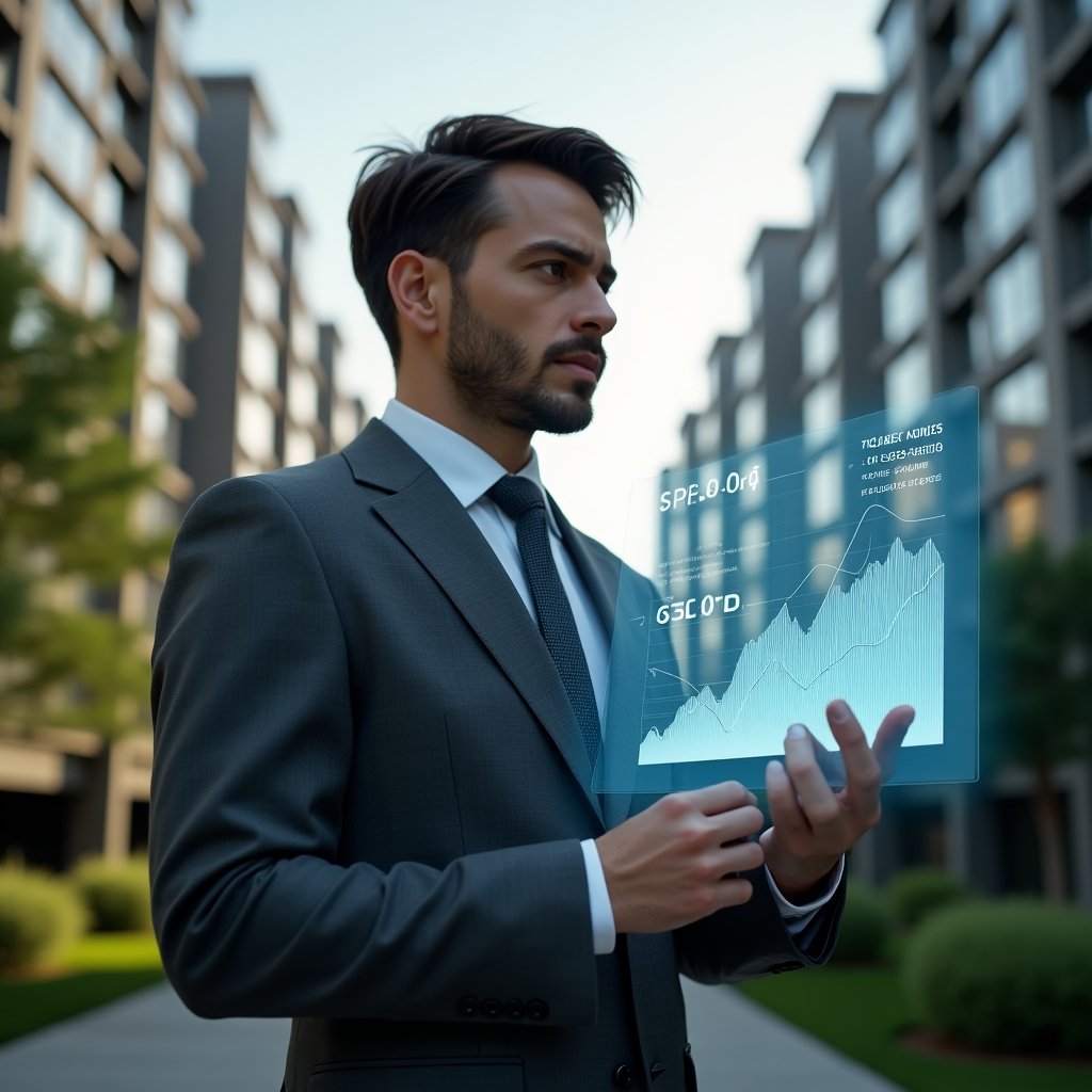 Ultra-realistic condominium manager in a charcoal gray suit, set in a modern luxury condominium environment with high-rise buildings and manicured greenery, reviewing a holographic financial chart displaying maintenance cost savings, confident and focused expression, a translucent repair icon floating beside the display, cinematic lighting, shallow depth of field, highly detailed textures, realistic skin, photographic realism, 8k resolution --ar 1:1 --v 6