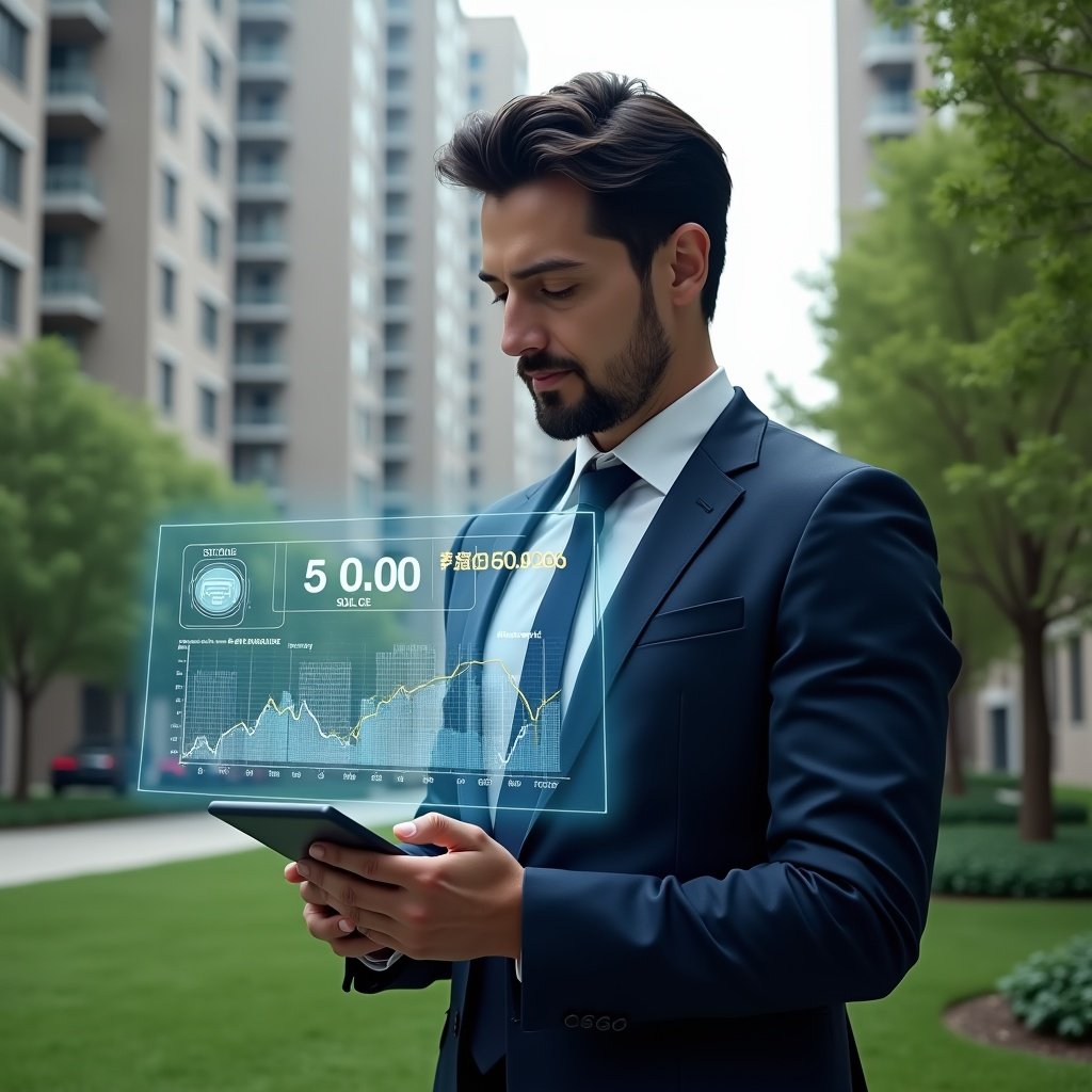 (Ultra-realistic condominium manager in a tailored navy suit, set in a modern luxury condominium environment with high-rise buildings and manicured green landscaping, confidently reviewing a holographic budget chart displaying cost-saving strategies for extraordinary expenses, holding a digital tablet with repair and construction icons, cinematic lighting, shallow depth of field, highly detailed textures, realistic skin, photographic realism, 8k resolution --ar 1:1 --v 6)
