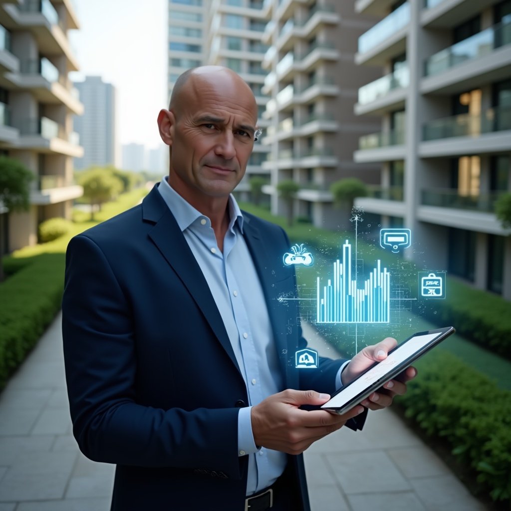 Ultra-realistic condominium manager in a navy suit, set in a modern luxury condominium environment with high-rise buildings and manicured green landscaping, holding a digital tablet displaying a holographic cost-saving chart, analyzing budget projections, floating icons of maintenance tools and repair costs, confident and focused expression, cinematic lighting, shallow depth of field, highly detailed textures, realistic skin, photographic realism, 8k resolution --ar 1:1 --v 6