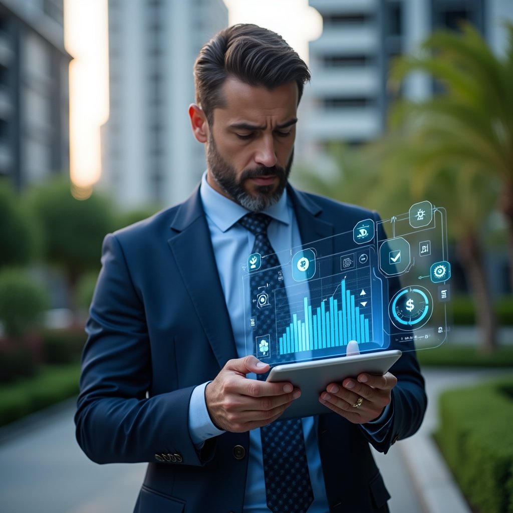 Ultra-realistic condominium property manager in a navy blue suit, set in a modern luxury condominium environment with high-rise buildings and lush green landscaping, holding a digital tablet displaying holographic budget graphs and cost-saving icons, confidently analyzing financial strategies, subtle holograms of currency symbols and gears floating beside, cinematic lighting, shallow depth of field, highly detailed textures, realistic skin, photographic realism, 8k resolution --ar 1:1 --v 6