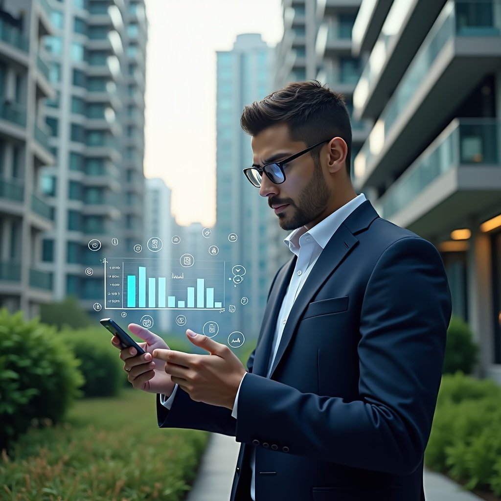 (Ultra-realistic condo manager in a navy suit, set in a modern luxury condominium environment with high-rise buildings and lush green landscaping, mid shot of a confident professional analyzing a holographic financial chart with coin and cost-cutting icons floating beside them, cinematic lighting, shallow depth of field, highly detailed textures, realistic skin, photographic realism, 8k resolution --ar 1:1 --v 6)