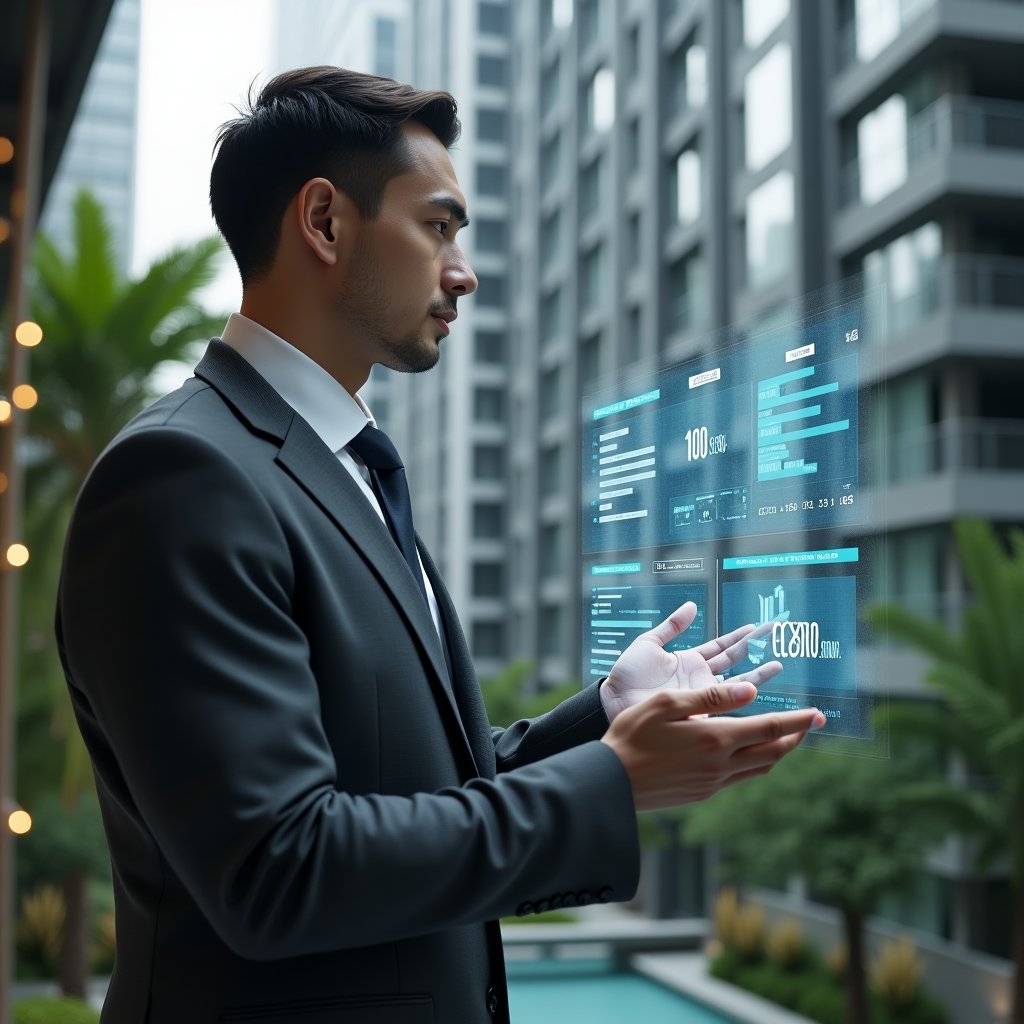Ultra-realistic condominium manager in a tailored charcoal gray suit, set in a modern luxury condominium environment with high-rise buildings and lush green landscaping, confidently interacting with a holographic dashboard displaying expense reduction charts, IoT sensor icons and a digital app interface, cinematic lighting, shallow depth of field, highly detailed textures, realistic skin, photographic realism, 8k resolution --ar 1:1 --v 6