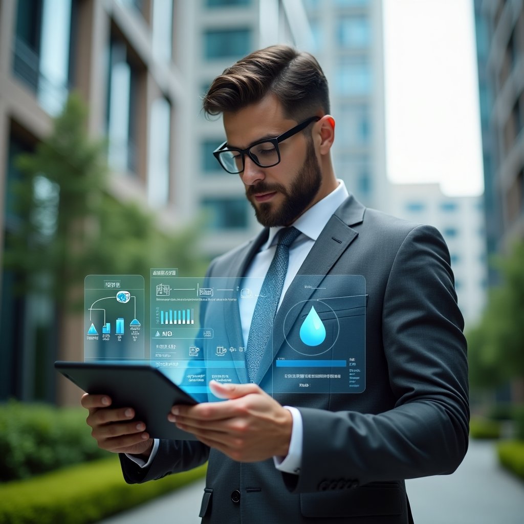 Ultra-realistic condominium manager in a tailored grey suit, set in a modern luxury condominium environment with high-rise buildings and manicured green landscaping, examining a tablet displaying holographic charts and icons of energy, water droplets, contracts and a mobile app interface, confident and focused expression, cinematic lighting, shallow depth of field, highly detailed textures, realistic skin, photographic realism, 8k resolution --ar 1:1 --v 6