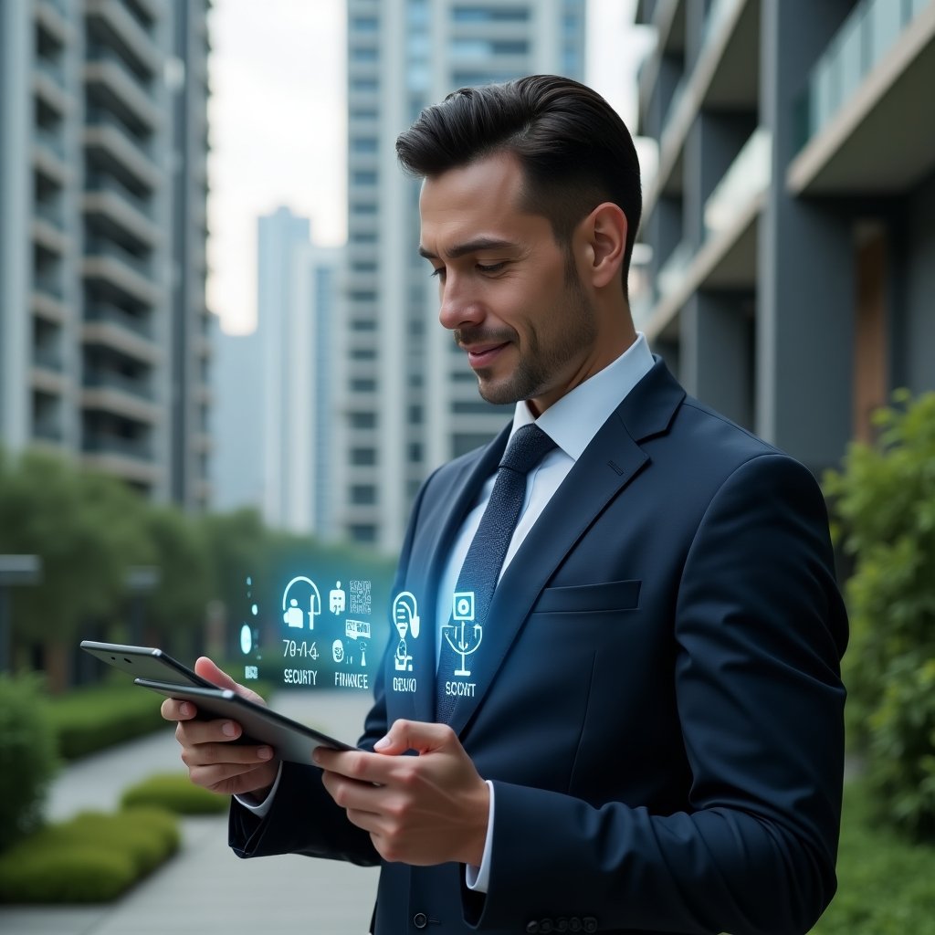 Ultra-realistic condominium manager in a navy blue tailored suit, set in a modern luxury condominium environment with high-rise buildings and lush green landscaping, holding a tablet displaying holographic icons for security, finance, communication, reservations, and maintenance, confidently analyzing the interface with a slight smile, cinematic lighting, shallow depth of field, highly detailed textures, realistic skin, photographic realism, 8k resolution --ar 1:1 --v 6
