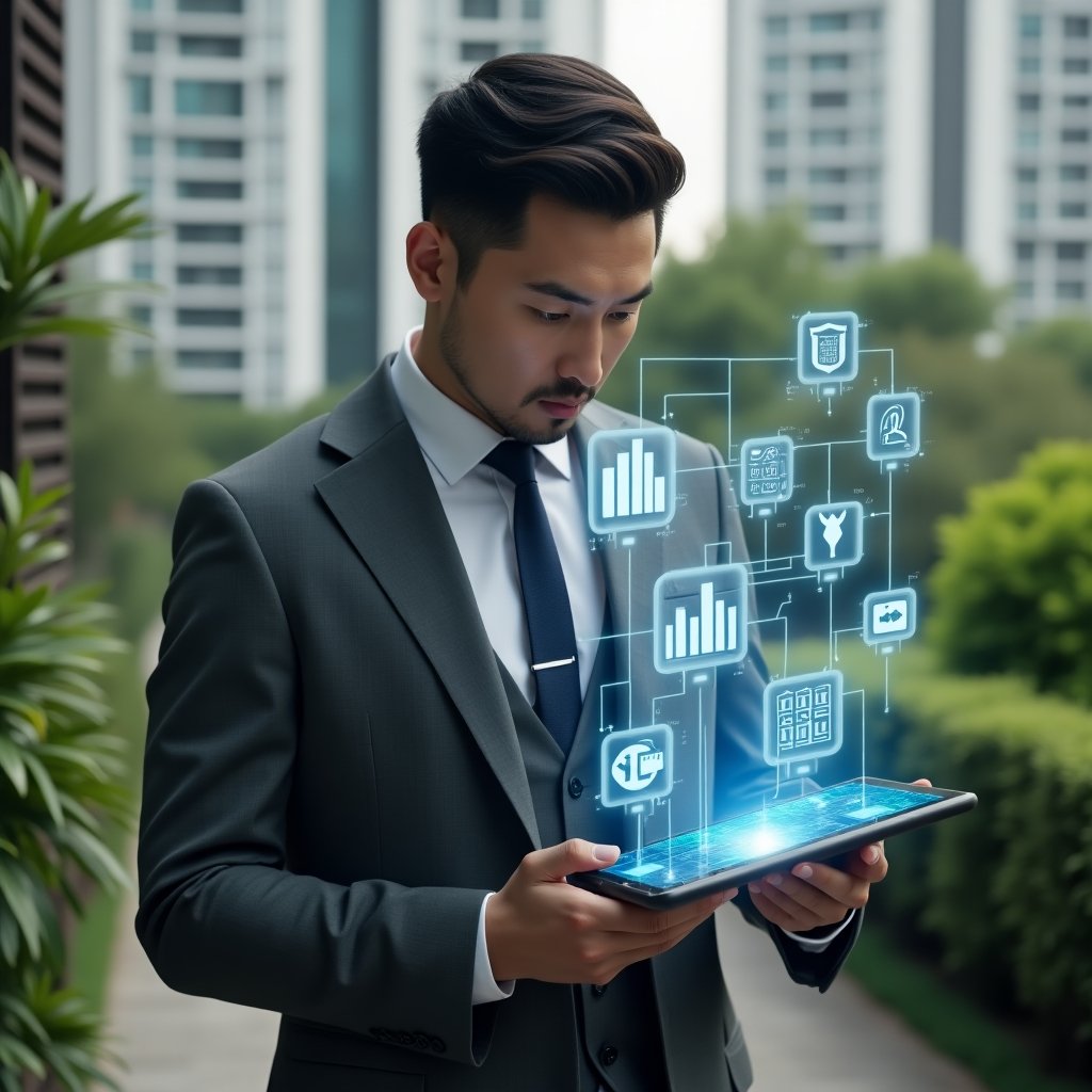 Ultra-realistic condominium manager in a charcoal gray slim-fit suit, set in a modern luxury condominium environment with high-rise buildings and lush green landscaping, holding a digital tablet displaying holographic icons for finance charts, chat bubbles, calendar bookings and security alerts, confidently analyzing the floating interface, cinematic lighting, shallow depth of field, highly detailed textures, realistic skin, photographic realism, 8k resolution --ar 1:1 --v 6
