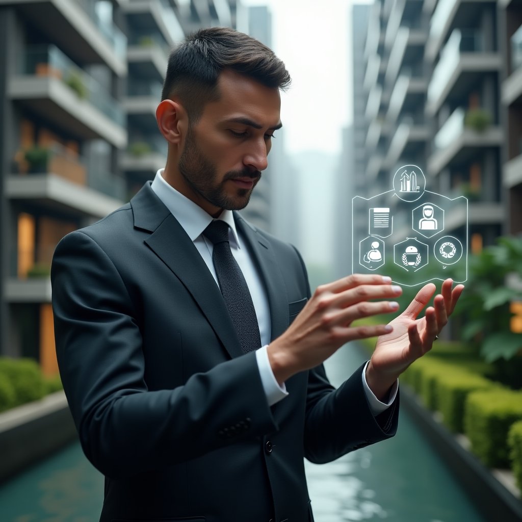 (Ultra-realistic condominium manager in a dark gray executive suit, set in a modern luxury condominium environment with high-rise buildings and manicured greenery, interacting with a floating holographic interface displaying icons for finance, messaging, security, reservations, and analytics, confident and focused expression, cinematic lighting, shallow depth of field, highly detailed textures, realistic skin, photographic realism, 8k resolution --ar 1:1 --v 6)