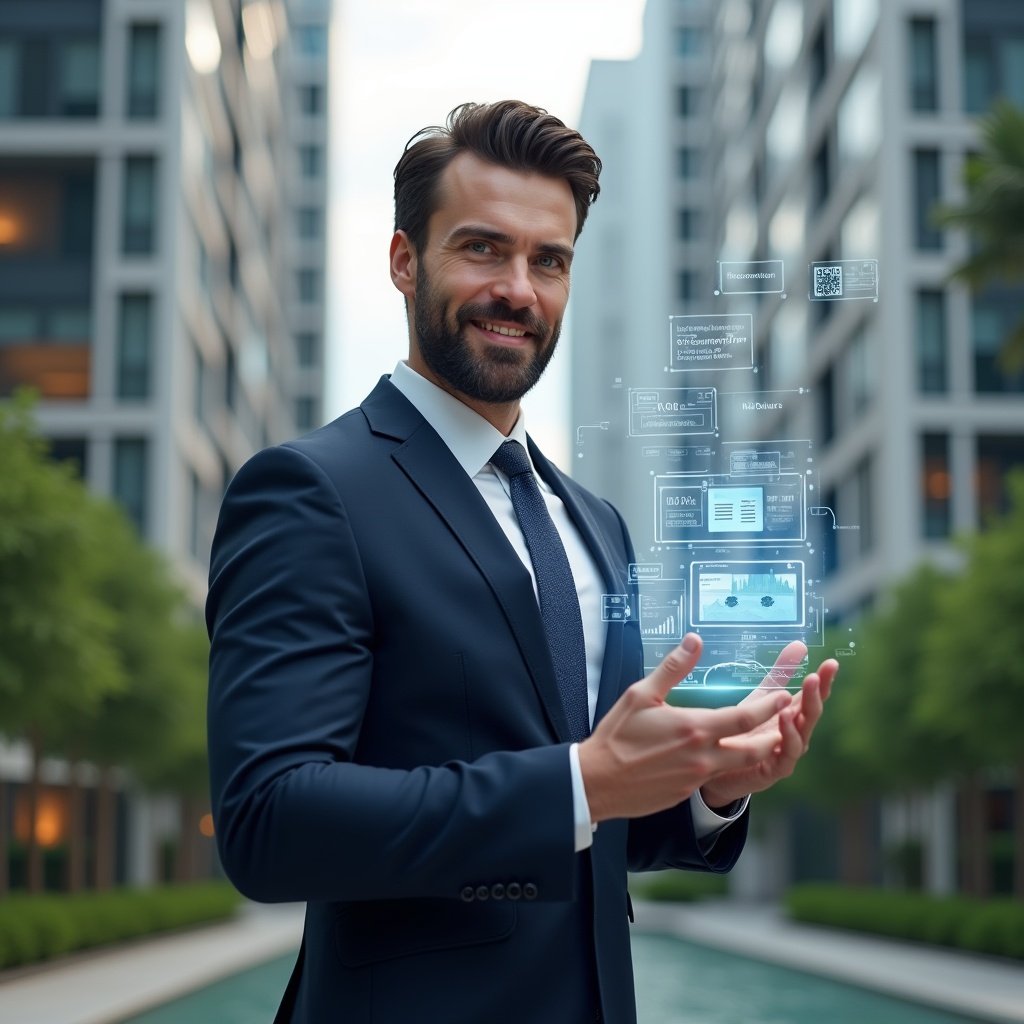 (Ultra-realistic condominium manager in a tailored navy blue suit, set in a modern luxury condominium environment with high-rise buildings and manicured green landscaping, standing mid-frame holding a transparent holographic interface displaying chat bubbles, financial charts, reservation calendars, visitor QR codes and performance graphs, confident expression, cinematic lighting, shallow depth of field, highly detailed textures, realistic skin, photographic realism, 8k resolution --ar 1:1 --v 6)