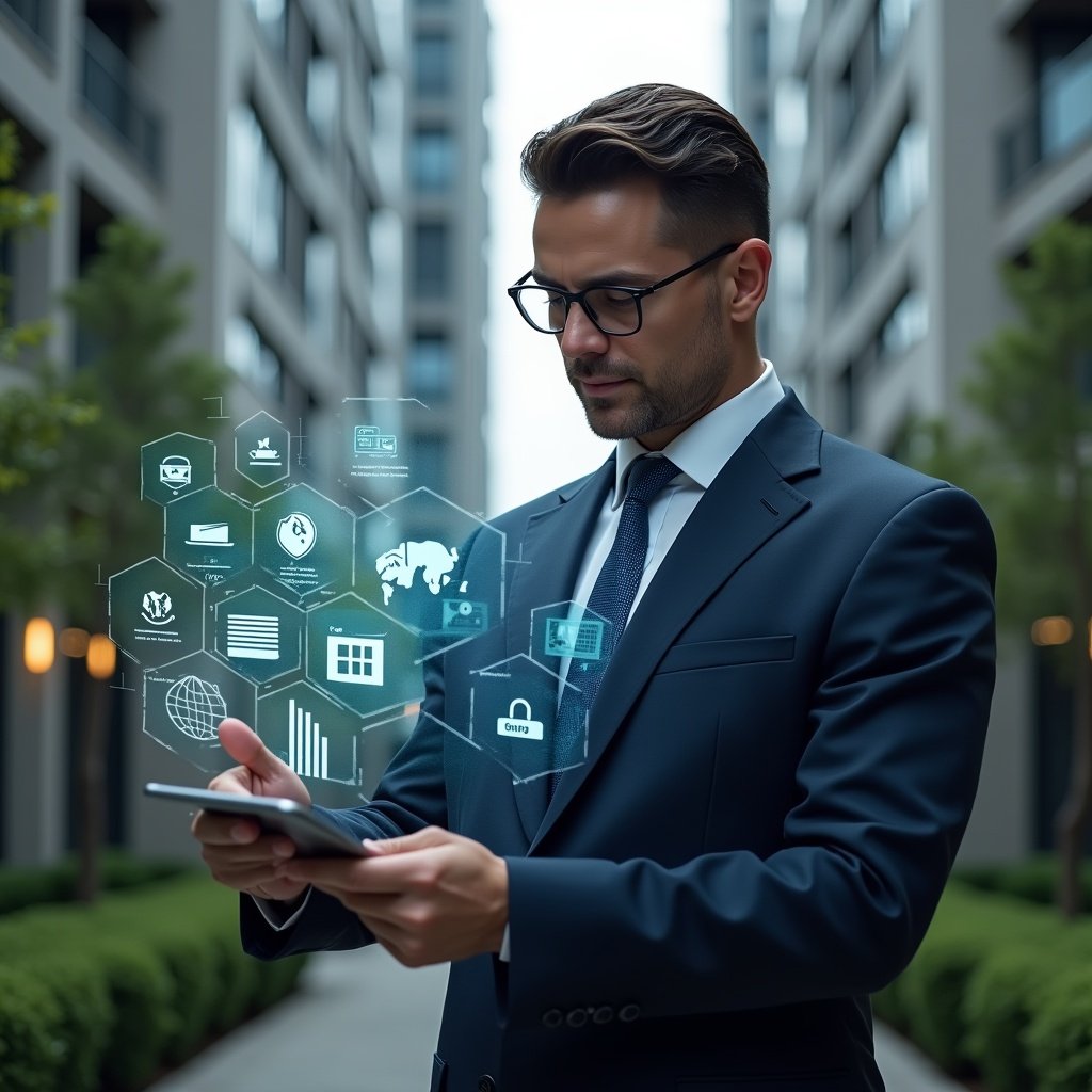 (Ultra-realistic condominium manager in a tailored navy suit, set in a modern luxury condominium environment with high-rise buildings and manicured gardens, examining a holographic interface displaying icons for finance, communication, security, reservations and reports, holographic charts and notifications floating around, confident and focused expression, cinematic lighting, shallow depth of field, highly detailed textures, realistic skin, photographic realism, 8k resolution --ar 1:1 --v 6)