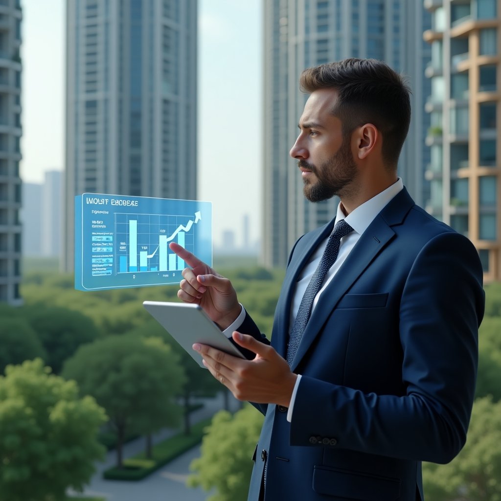 (Ultra-realistic condominium manager in a tailored navy blue suit, set in a modern luxury condominium environment with high-rise buildings and lush green landscaping, examining and pointing to a holographic budget chart showing reduced expenses, floating financial icons and a digital tablet in hand, confident and thoughtful expression, cinematic lighting, shallow depth of field, highly detailed textures, realistic skin, photographic realism, 8k resolution --ar 1:1 --v 6)