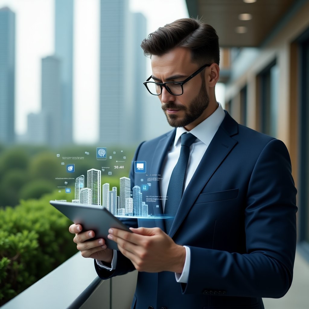 Ultra-realistic condominium manager in a tailored navy suit, set in a modern luxury condominium environment with high-rise buildings and manicured green landscaping, holding a digital tablet displaying holographic financial charts and building icons, analyzing data with a confident, focused expression, floating holograms of communication and reservation symbols around them, cinematic lighting, shallow depth of field, highly detailed textures, realistic skin, photographic realism, 8k resolution --ar 1:1 --v 6