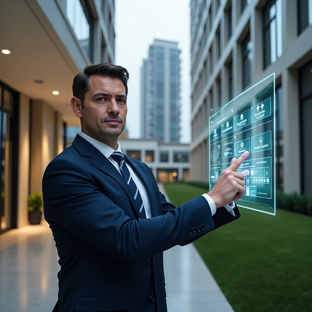 Ultra-realistic condominium manager in a navy blue suit, set in a modern luxury condominium environment with high-rise buildings and well-manicured green landscaping, pointing at a holographic interface displaying building automation icons (energy management, security cameras, reservation schedules), confident and focused expression, cinematic lighting, shallow depth of field, highly detailed textures, realistic skin, photographic realism, 8k resolution --ar 1:1 --v 6