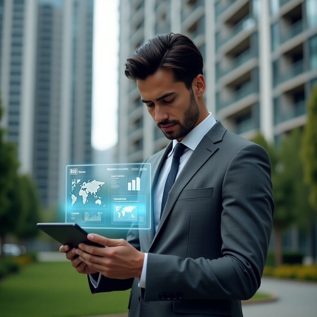 Ultra-realistic condominium manager in a tailored grey suit, set in a modern luxury condominium environment with high-rise buildings and meticulously landscaped greenery, examining a holographic tablet displaying apartment management charts and digital icons, a translucent 3D interface of an app for condo administration floating beside, confident and focused expression, cinematic lighting, shallow depth of field, highly detailed textures, realistic skin, photographic realism, 8k resolution --ar 1:1 --v 6
