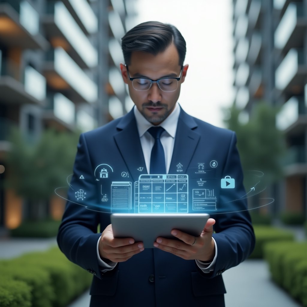 Ultra-realistic condominium manager in a navy blue suit, set in a modern luxury condominium environment with high-rise buildings and green landscaping, holding a digital tablet displaying a holographic schedule grid, confidently planning maintenance, cleaning and inspection tasks, floating calendar and checklist icons around the device, cinematic lighting, shallow depth of field, highly detailed textures, realistic skin, photographic realism, 8k resolution --ar 1:1 --v 6