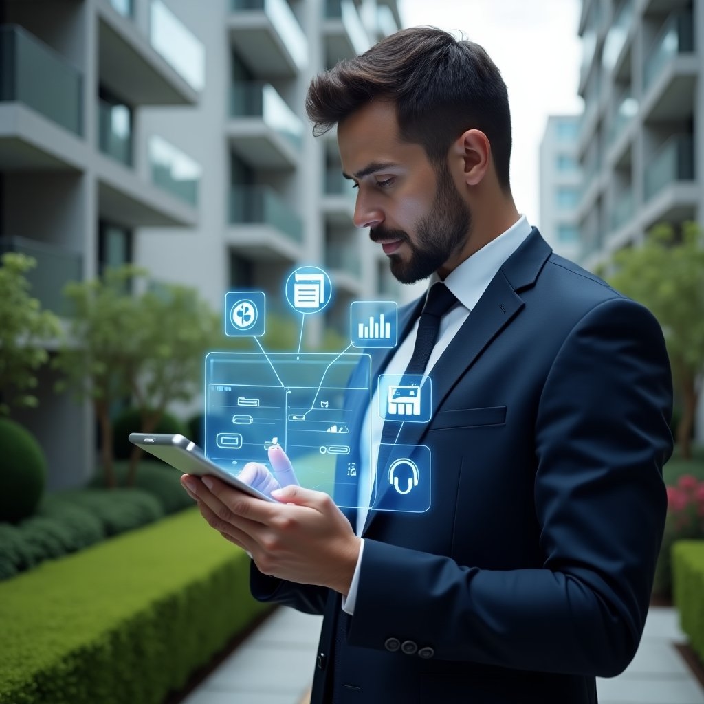 (Ultra-realistic condominium manager in a tailored navy suit, set in a modern luxury condominium environment with high-rise buildings and manicured green landscaping, holding a digital tablet projecting a holographic condo management interface, confidently reviewing data dashboards with floating icons of calendars, chat bubbles and financial graphs, cinematic lighting, shallow depth of field, highly detailed textures, realistic skin, photographic realism, 8k resolution --ar 1:1 --v 6)