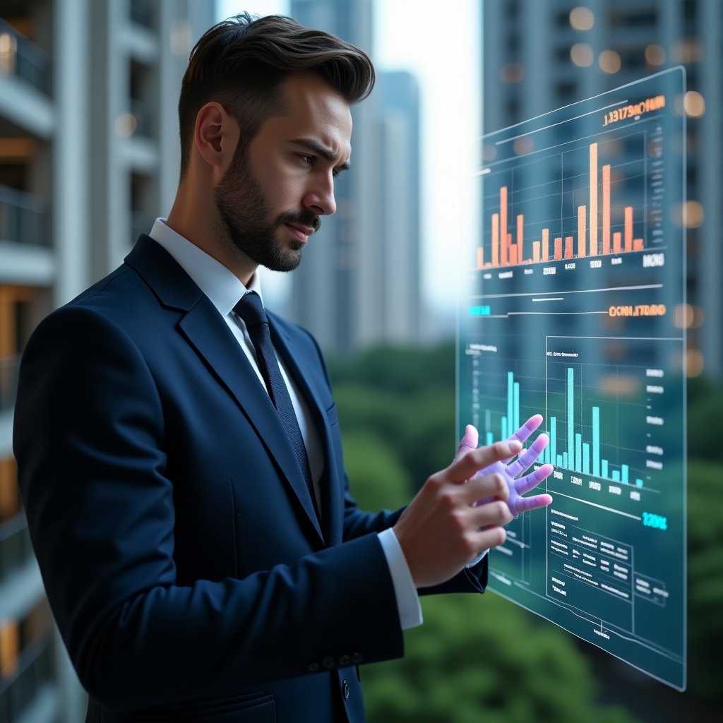 Ultra-realistic condominium manager in a tailored navy suit, set in a modern luxury condominium environment with high-rise buildings and lush green landscaping, examining a transparent holographic financial dashboard with glowing charts and graphs, confident and focused expression, cinematic lighting, shallow depth of field, highly detailed textures, realistic skin, photographic realism, 8k resolution --ar 1:1 --v 6