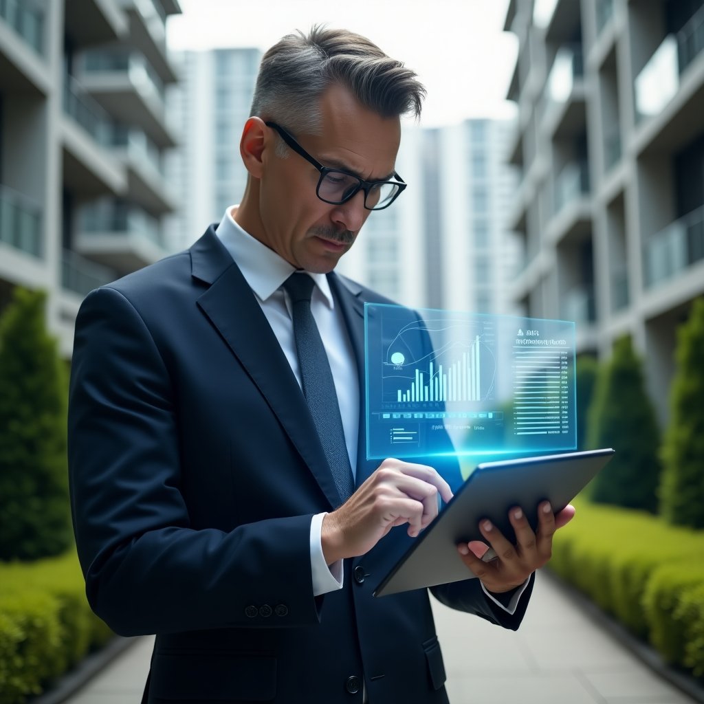 (Ultra-realistic condominium manager in a tailored navy suit, set in a modern luxury condominium environment with high-rise buildings and manicured green landscaping, examining holographic financial charts projected above a sleek tablet, confident and focused expression, transparent ledger icons floating around, cinematic lighting, shallow depth of field, highly detailed textures, realistic skin, photographic realism, 8k resolution --ar 1:1 --v 6)