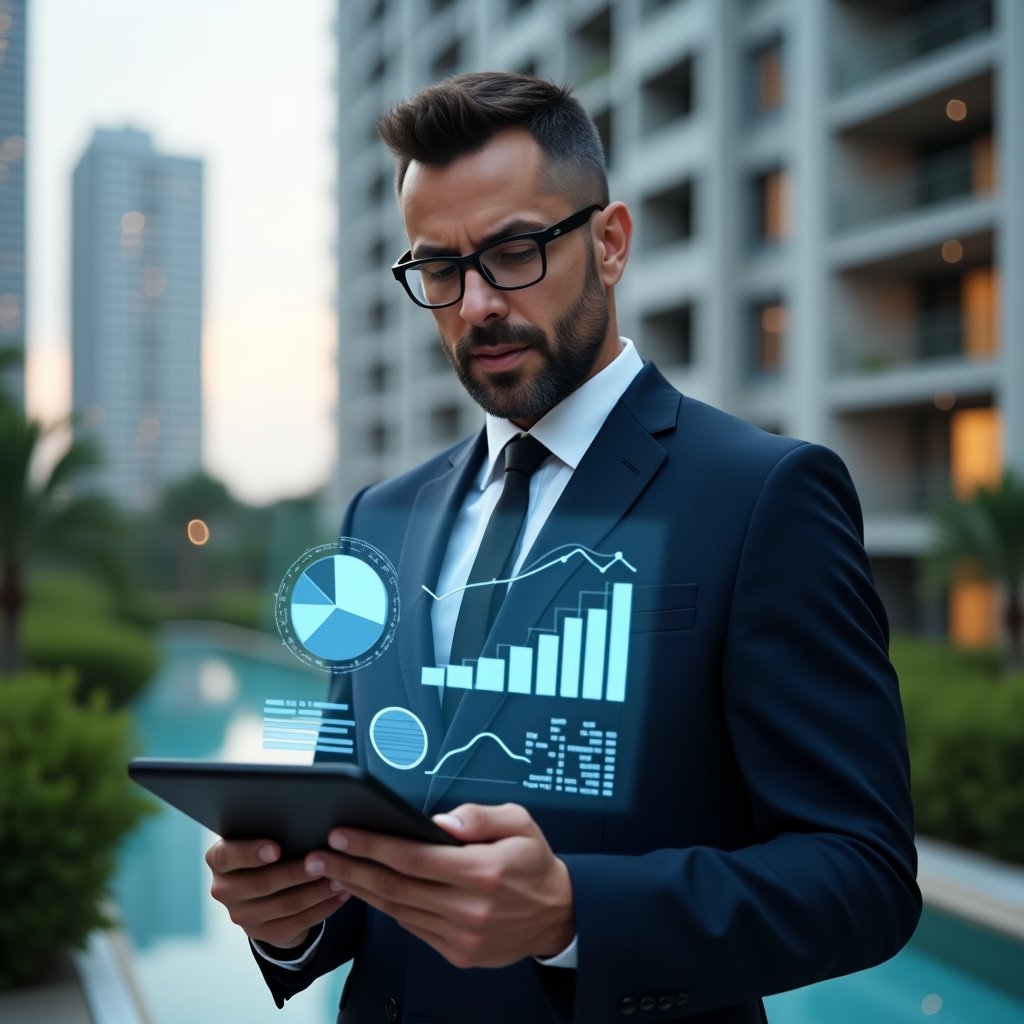 Ultra-realistic condominium manager in a navy executive suit, set in a modern luxury condominium environment with high-rise buildings and manicured green landscaping, examining holographic financial charts projected above a tablet, with translucent pie charts and line graphs symbolizing transparency and efficiency, confident expression, cinematic lighting, shallow depth of field, highly detailed textures, realistic skin, photographic realism, 8k resolution --ar 1:1 --v 6