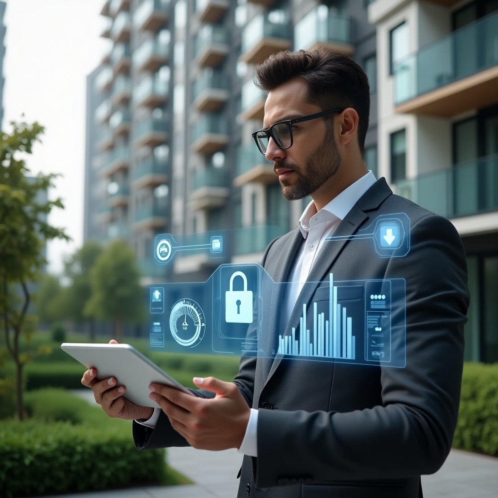 (Ultra-realistic condominium manager in a charcoal gray suit, set in a modern luxury condominium environment with high-rise buildings and manicured green landscaping, mid shot of a confident professional examining holographic financial charts and expense workflows, floating icons of a padlock, speed gauge, and transparent bar graphs symbolizing fraud prevention, accelerated processes, and financial transparency, cinematic lighting, shallow depth of field, highly detailed textures, realistic skin, photographic realism, 8k resolution --ar 1:1 --v 6)