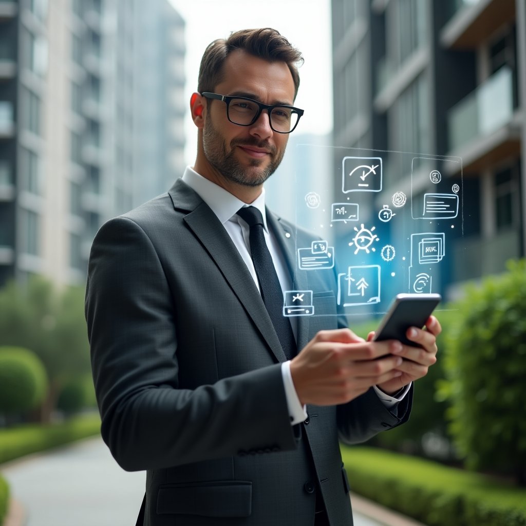 (Ultra-realistic condominium manager in a charcoal gray suit, set in a modern luxury condominium environment with high-rise buildings and manicured green landscaping, holding a smartphone projecting a holographic dashboard of communication, finance and maintenance icons, confident expression, cinematic lighting, shallow depth of field, highly detailed textures, realistic skin, photographic realism, 8k resolution --ar 1:1 --v 6)