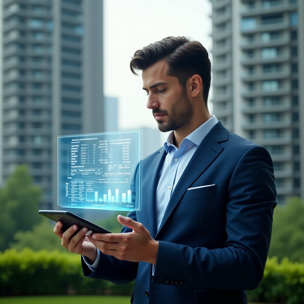 Ultra-realistic condo manager in a navy suit, set in a modern luxury condominium environment with high-rise buildings and lush green landscaping, confidently analyzing a floating holographic financial report symbolizing transparent accounting, holographic charts and a smartphone app interface visible beside them, cinematic lighting, shallow depth of field, highly detailed textures, realistic skin, photographic realism, 8k resolution --ar 1:1 --v 6