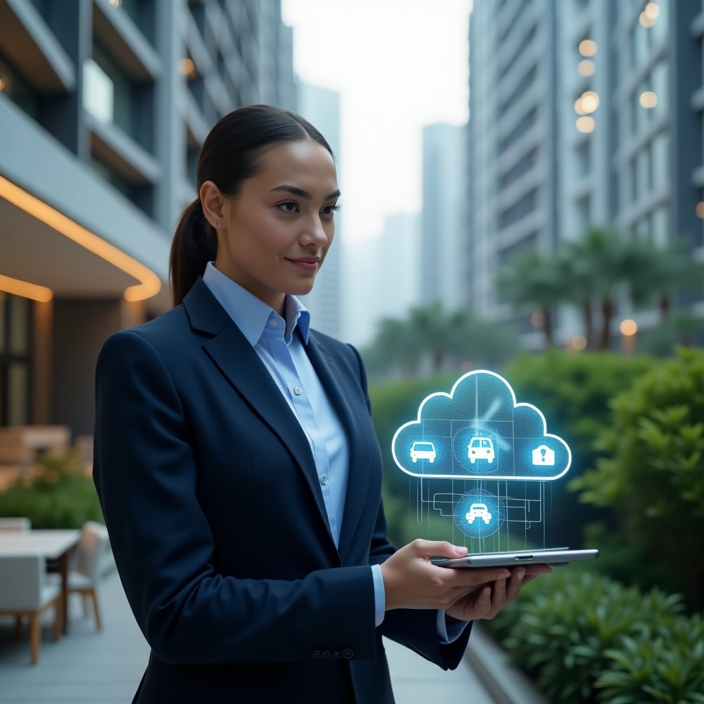 (Ultra-realistic condominium manager in a dark blue executive suit, set in a modern luxury condominium environment with high-rise buildings and lush green landscaping, holding a tablet projecting a holographic cloud-based management interface with icons for security, automation and mobility, confident and focused expression, cinematic lighting, shallow depth of field, highly detailed textures, realistic skin, photographic realism, 8k resolution --ar 1:1 --v 6)