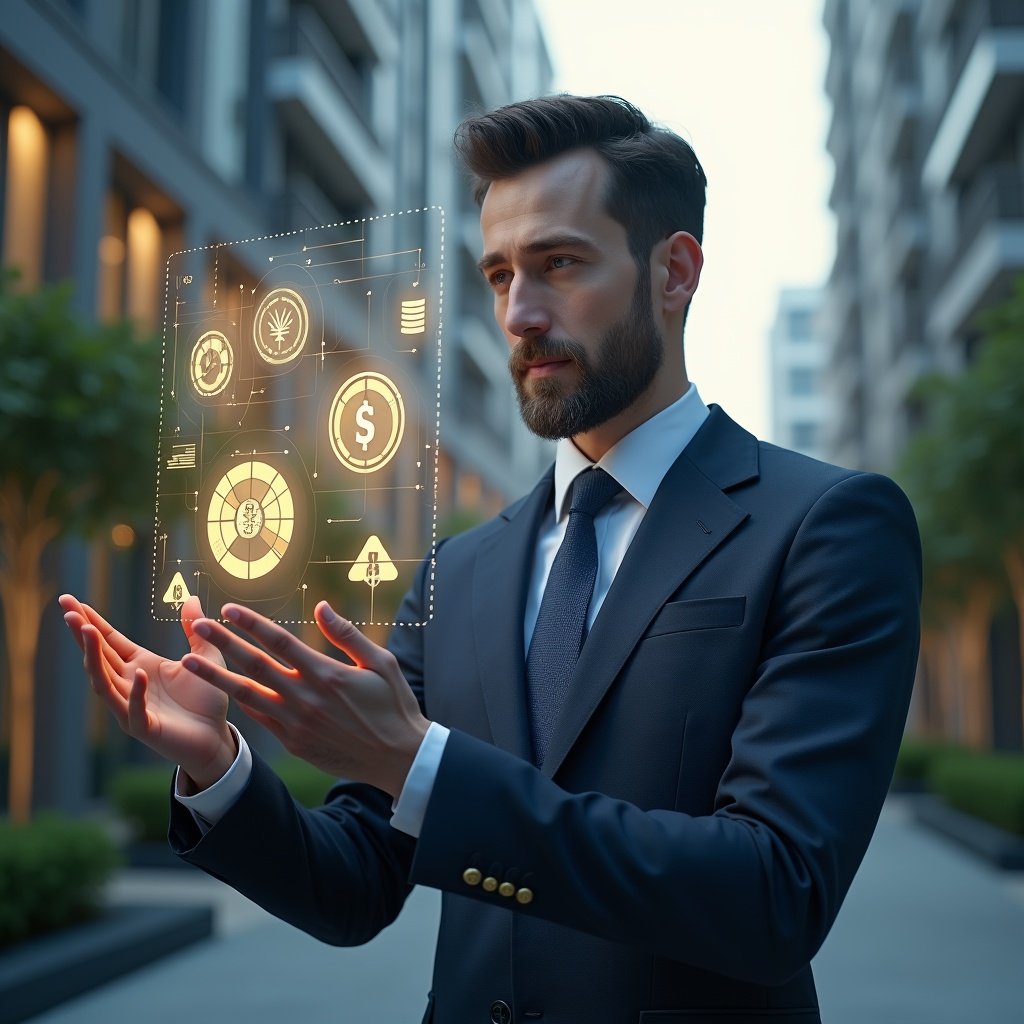Ultra-realistic condominium manager in a tailored navy blue suit, set in a modern luxury condominium environment with high-rise buildings and meticulously landscaped gardens, examining a floating holographic budget chart and contract icons with a focused expression, symbolic glowing pie charts and invoice graphics surrounding them, cinematic lighting, shallow depth of field, highly detailed textures, realistic skin, photographic realism, 8k resolution --ar 1:1 --v 6