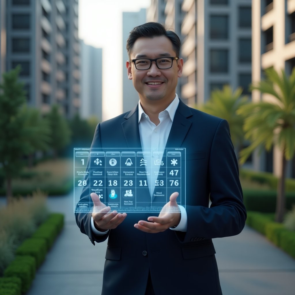 Ultra-realistic condominium manager in a navy suit, set in a modern luxury condominium environment with high-rise buildings and lush green landscaping, confidently interacting with a floating holographic schedule displaying maintenance icons and calendar entries, cinematic lighting, shallow depth of field, highly detailed textures, realistic skin, photographic realism, 8k resolution --ar 1:1 --v 6