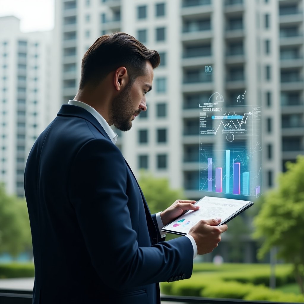 Ultra-realistic condominium manager in a navy tailored suit, set in a modern luxury condominium environment with high-rise buildings and lush green landscaping, analyzing a holographic financial report with floating bar and pie charts, confident and focused expression, cinematic lighting, shallow depth of field, highly detailed textures, realistic skin, photographic realism, 8k resolution --ar 1:1 --v 6