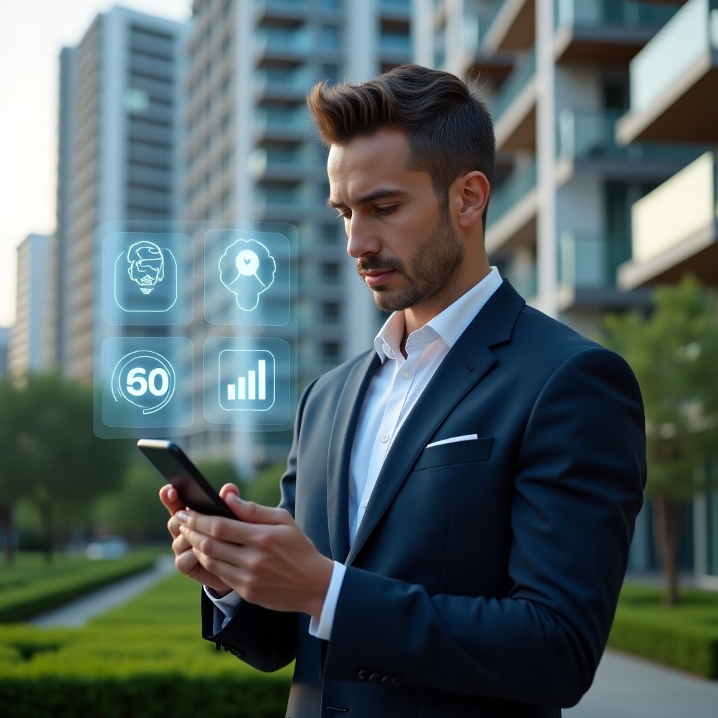 Ultra-realistic condominium manager in a tailored navy suit, set in a modern luxury condominium environment with high-rise buildings and manicured green landscaping, holding a smartphone and tapping its screen to display a digital interface, confident and focused expression, holographic icons of notifications, chat bubbles and financial graphs floating beside him, cinematic lighting, shallow depth of field, highly detailed textures, realistic skin, photographic realism, 8k resolution --ar 1:1 --v 6