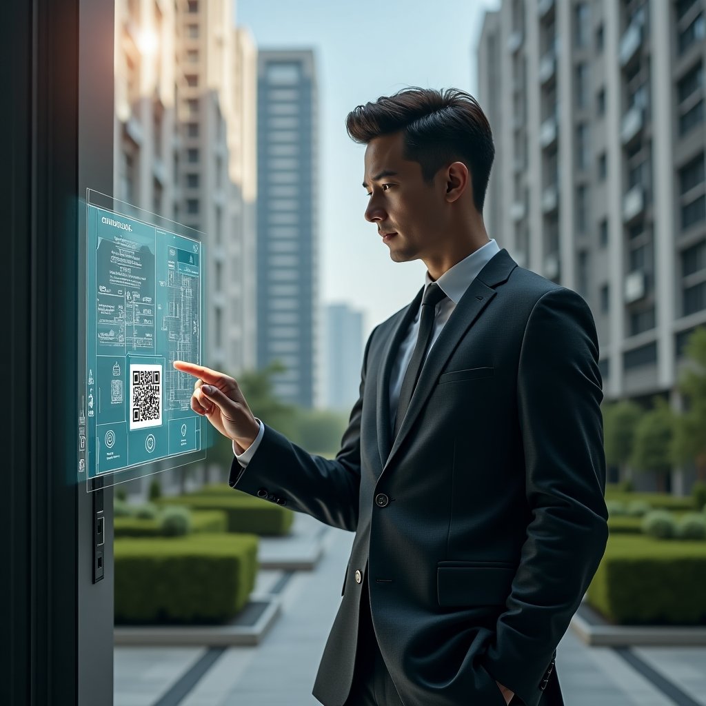 (Ultra-realistic condominium manager in a tailored dark gray suit, set in a modern luxury condominium environment with high-rise buildings and meticulously landscaped gardens, examining a floating holographic interface of building floor plans and digital icons representing automated processes, confidently pointing at a QR code access panel hologram, cinematic lighting, shallow depth of field, highly detailed textures, realistic skin, photographic realism, 8k resolution --ar 1:1 --v 6)