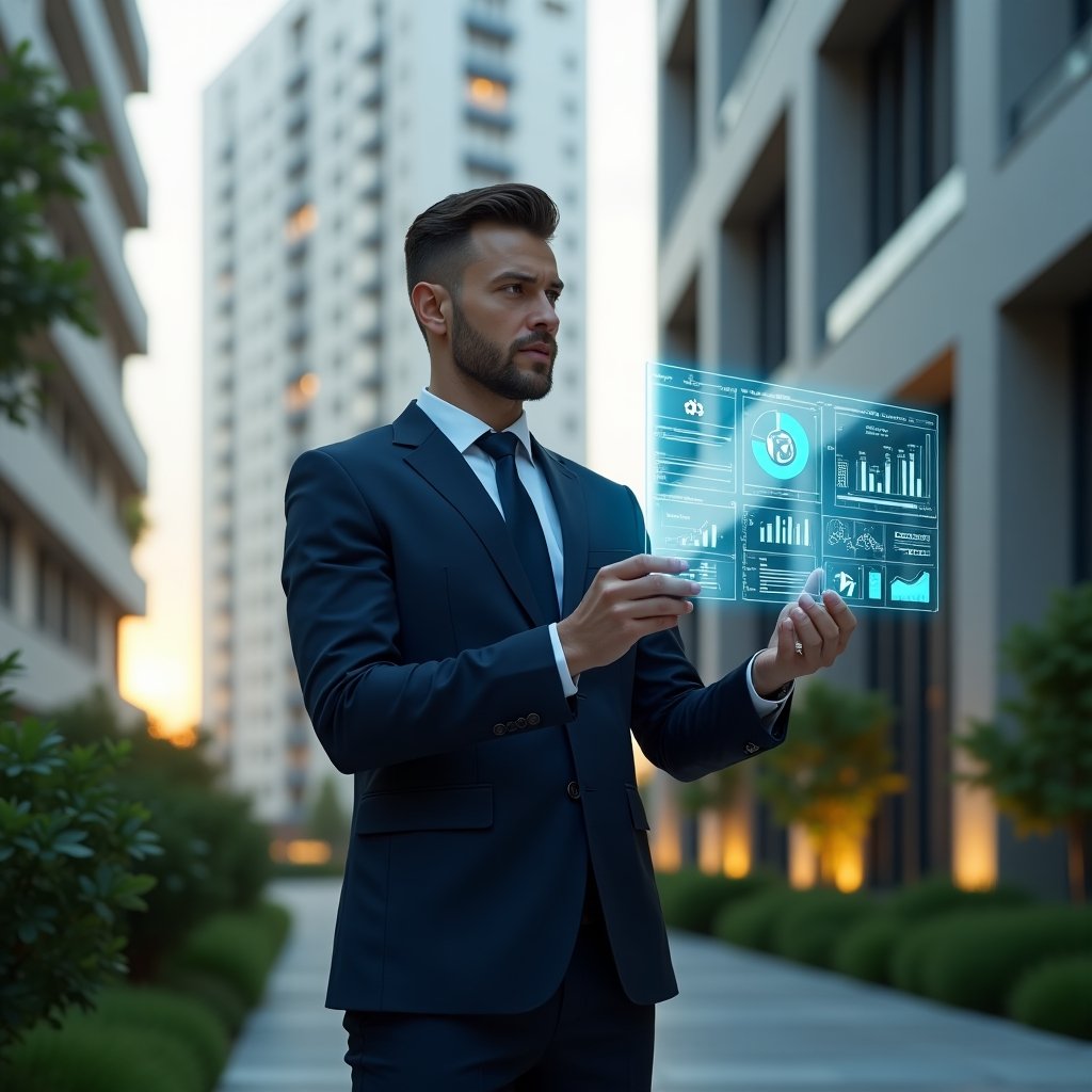 Ultra-realistic condominium manager in a tailored navy suit, set in a modern luxury condominium environment with high-rise buildings and immaculate green landscaping, mid-shot analyzing a floating holographic financial dashboard with categorized expense charts and icons, confident and focused expression, cinematic lighting, shallow depth of field, highly detailed textures, realistic skin, photographic realism, 8k resolution --ar 1:1 --v 6