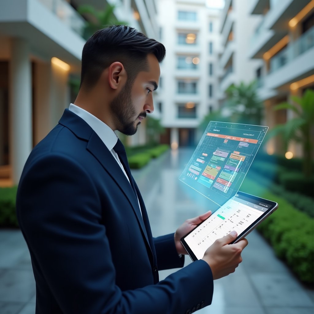(Ultra-realistic condominium manager in a navy blue tailored suit, set in a modern luxury condominium environment with high-rise buildings and manicured green landscaping, medium shot of a confident professional consulting a holographic digital calendar projected above a tablet displaying a color-coded activity schedule, cinematic lighting, shallow depth of field, highly detailed textures, realistic skin, photographic realism, 8k resolution --ar 1:1 --v 6)