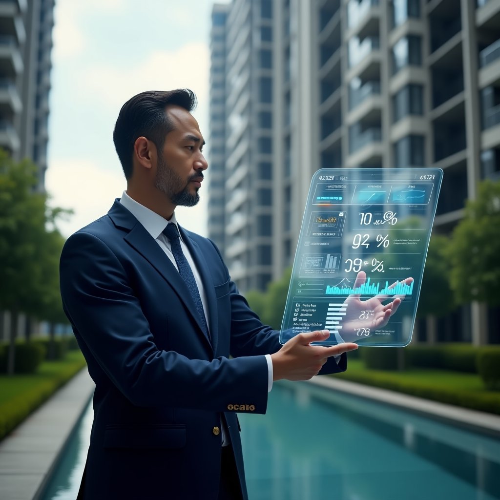 Ultra-realistic condominium manager in a navy blue suit, set in a modern luxury condominium environment with high-rise buildings and well-manicured green landscaping, analyzing a holographic cost-reduction chart with icons for maintenance, energy and contracts, confident and focused expression, cinematic lighting, shallow depth of field, highly detailed textures, realistic skin, photographic realism, 8k resolution --ar 1:1 --v 6