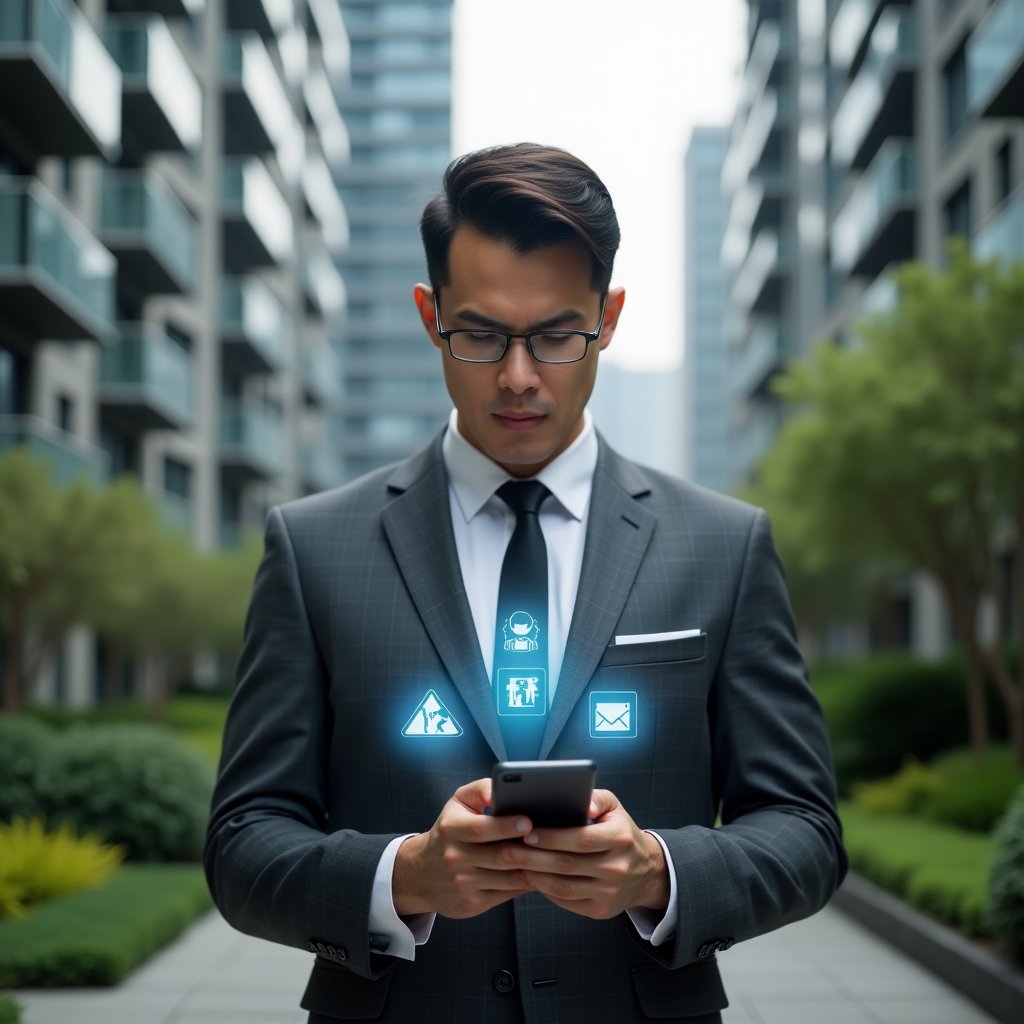Ultra-realistic condominium manager in a charcoal gray suit, set in a modern luxury condominium environment with high-rise buildings and manicured green gardens, mid-shot of a thoughtful professional holding a smartphone displaying translucent holographic icons of warning signs and checklists, cinematic lighting, shallow depth of field, highly detailed textures, realistic skin, photographic realism, 8k resolution --ar 1:1 --v 6