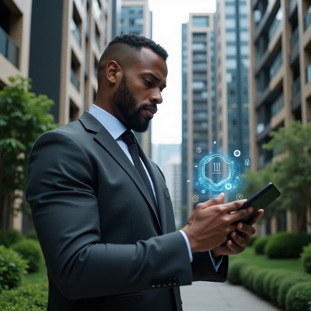 Ultra-realistic condominium manager in a dark gray suit, set in a modern luxury condominium environment with high-rise buildings and meticulously landscaped gardens, holding a tablet and examining a holographic condominium management app interface with warning icons and gears, looking thoughtful and focused, cinematic lighting, shallow depth of field, highly detailed textures, realistic skin, photographic realism, 8k resolution --ar 1:1 --v 6
