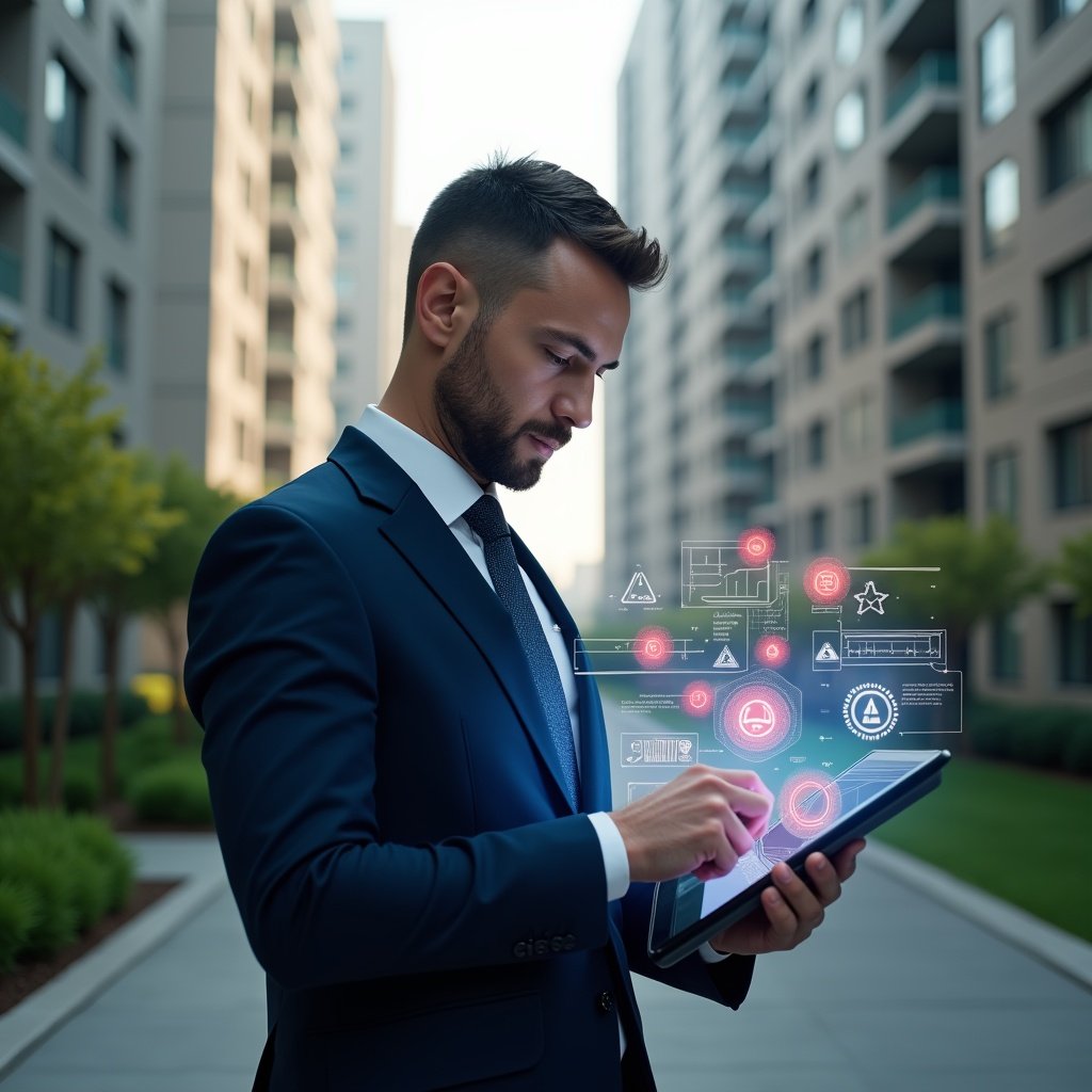(Ultra-realistic condominium manager in a navy executive suit, set in a modern luxury condominium environment with high-rise buildings and manicured green landscaping, holding a tablet displaying a holographic interface of red warning icons and data charts highlighting seven common app errors, floating holographic symbols of gears and warning triangles around, focused and analytical expression, cinematic lighting, shallow depth of field, highly detailed textures, realistic skin, photographic realism, 8k resolution --ar 1:1 --v 6)