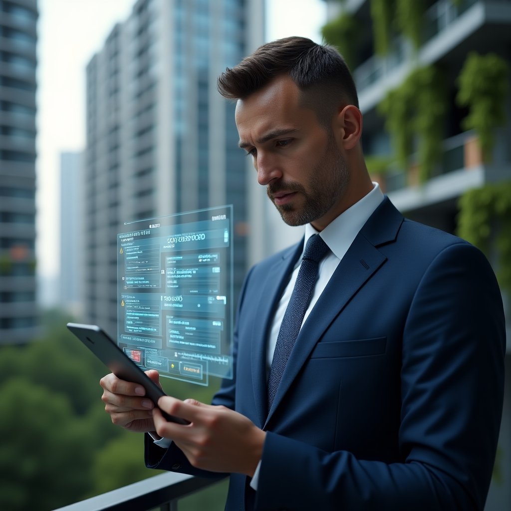 Ultra-realistic condominium manager in a navy blue suit, set in a modern luxury condominium environment with high-rise buildings and meticulously landscaped greenery, reviewing a floating holographic financial report with highlighted error icons and warning symbols, expression serious and focused, cinematic lighting, shallow depth of field, highly detailed textures, realistic skin, photographic realism, 8k resolution --ar 1:1 --v 6