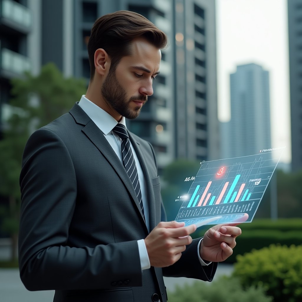 (Ultra-realistic condominium manager in a charcoal gray suit, set in a modern luxury condominium environment with high-rise buildings and manicured greenery in the background, medium close-up of a focused professional reviewing floating holographic financial charts and highlighting error markers in red, a translucent ledger icon hovering beside them, cinematic lighting, shallow depth of field, highly detailed textures, realistic skin, photographic realism, 8k resolution --ar 1:1 --v 6)