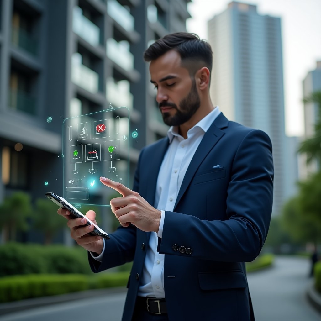 Ultra-realistic condo manager in a navy-blue executive suit, set in a modern luxury condominium environment with high-rise buildings and lush green landscaping, holding a holographic smartphone interface displaying app icons with green check marks and red crosses, pointing thoughtfully at one option, holographic UI elements representing a digital management system hovering around, cinematic lighting, shallow depth of field, highly detailed textures, realistic skin, photographic realism, 8k resolution --ar 1:1 --v 6