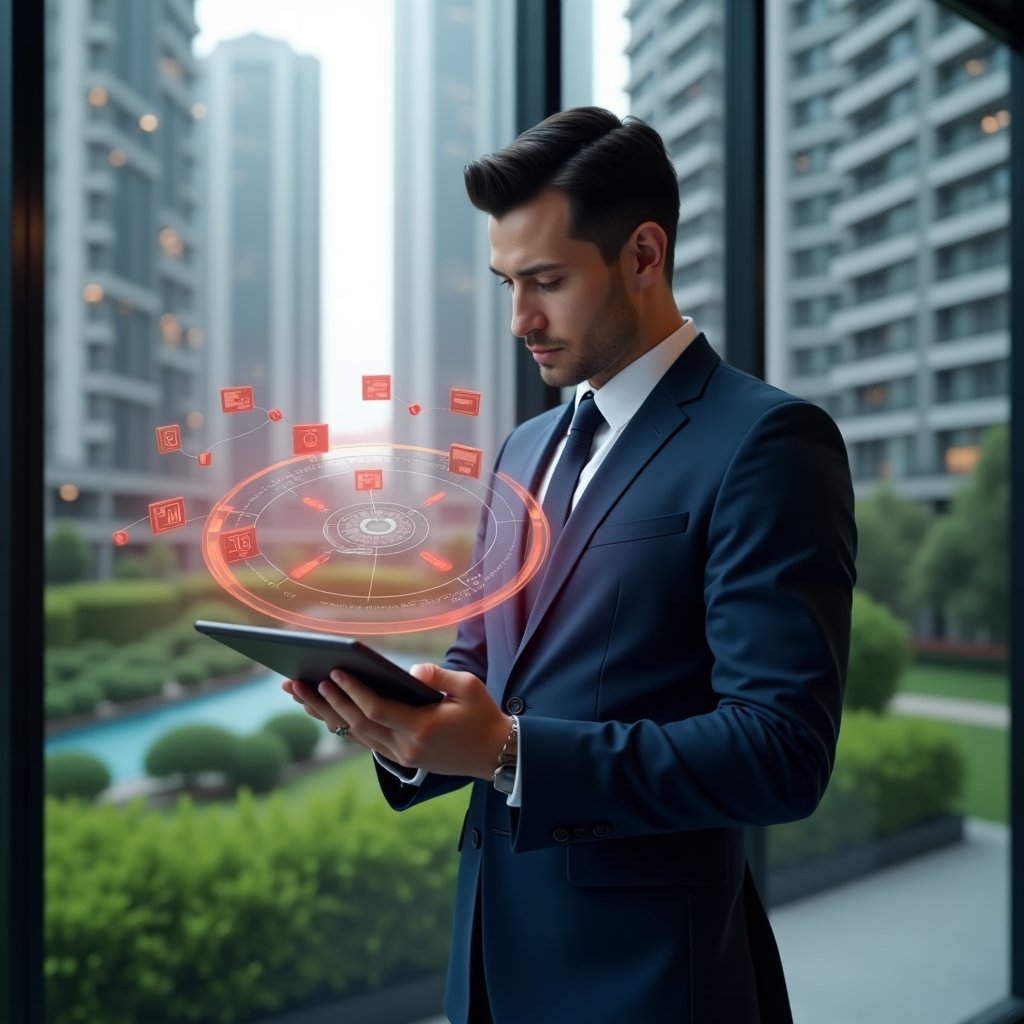 Ultra-realistic condominium manager in a navy blue executive suit, set in a modern luxury condominium environment with high-rise buildings and lush green landscaping, holding a tablet and examining it with a focused, analytical expression as red warning icons and holographic dashboard elements float around the screen, cinematic lighting, shallow depth of field, highly detailed textures, realistic skin, photographic realism, 8k resolution --ar 1:1 --v 6