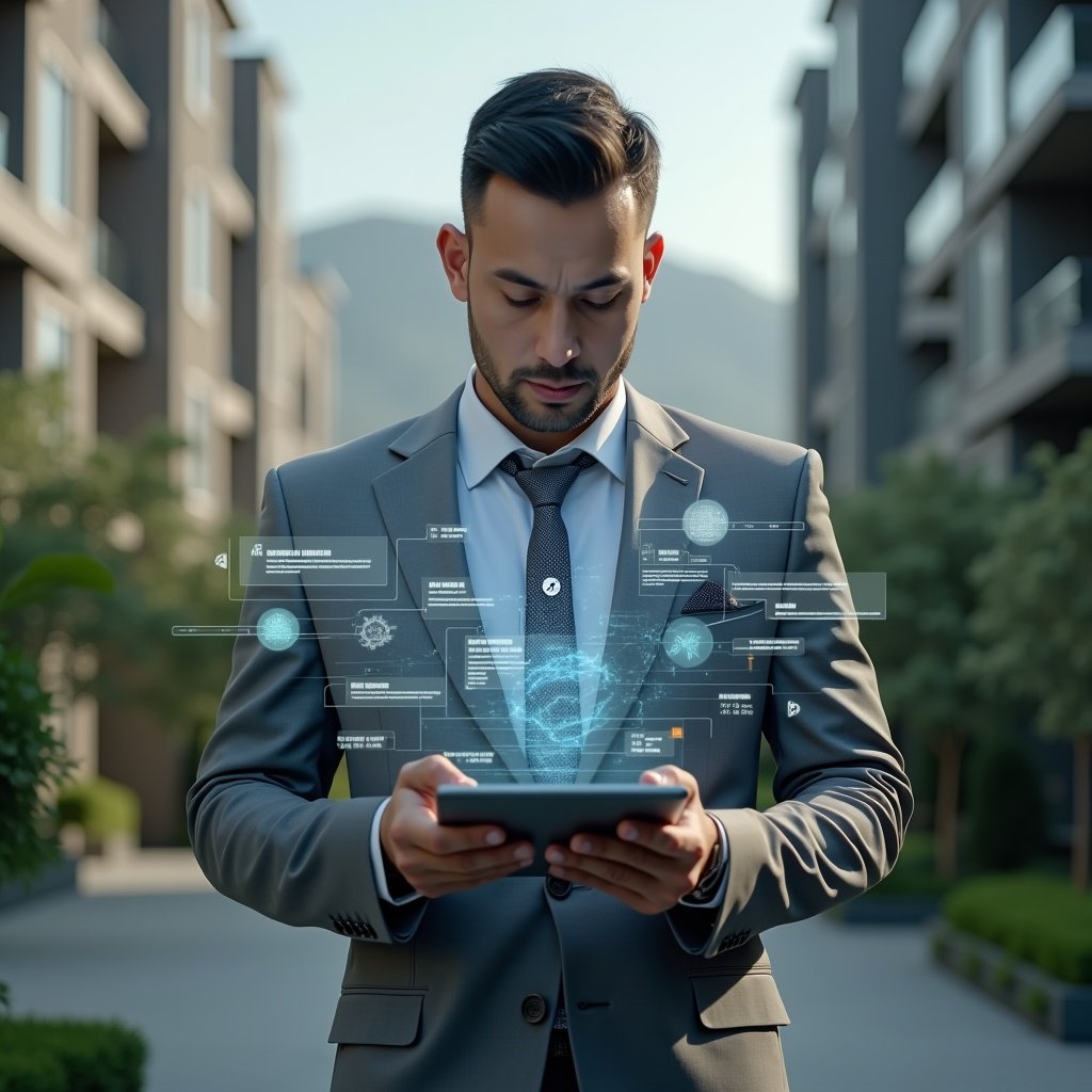 Ultra-realistic condominium manager in a tailored gray suit, set in a modern luxury condominium environment with high-rise buildings and manicured green gardens, holding a holographic tablet displaying highlighted error icons and workflow charts, looking thoughtfully at the floating interface to correct management mistakes, subtle holographic symbols of alerts and checkmarks surrounding them, cinematic lighting, shallow depth of field, highly detailed textures, realistic skin, photographic realism, 8k resolution --ar 1:1 --v 6