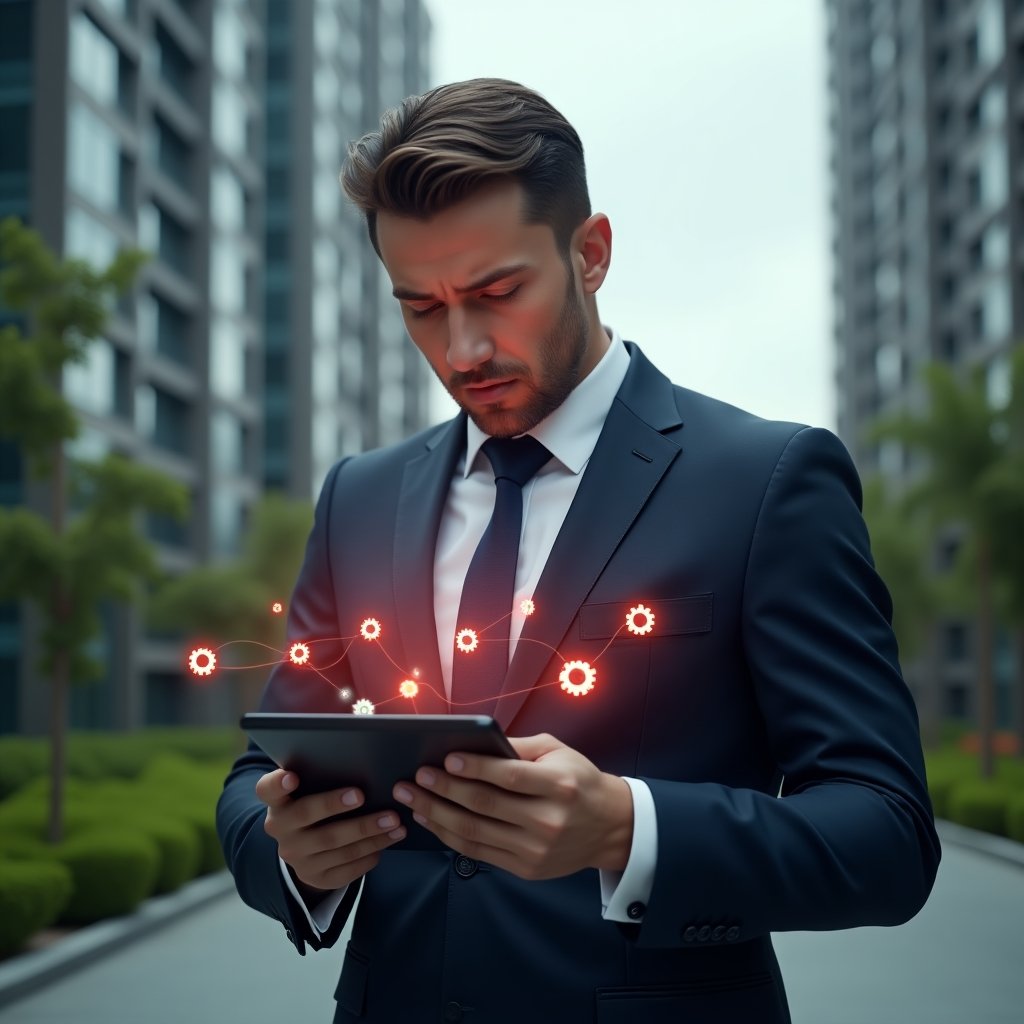 Ultra-realistic condominium manager in a tailored navy suit, set in a modern luxury condominium environment with high-rise buildings and lush green landscaping, mid-shot holding a tablet displaying a management app interface with red warning icons, concerned and focused expression analyzing errors, holographic warning symbols and gear icons floating around the device, cinematic lighting, shallow depth of field, highly detailed textures, realistic skin, photographic realism, 8k resolution --ar 1:1 --v 6