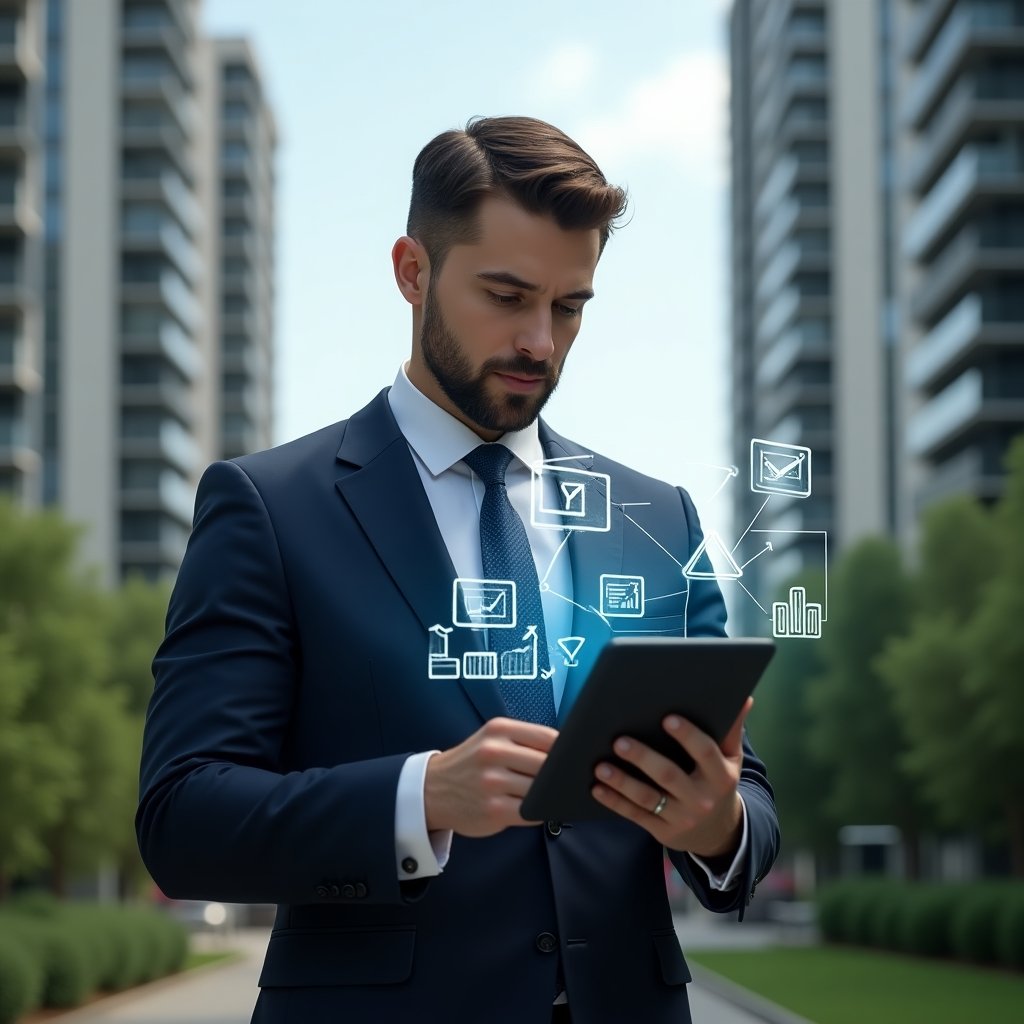 Ultra-realistic condominium manager in a navy tailored suit, set in a modern luxury condominium environment with high-rise buildings and lush green landscaping, examining a digital tablet with holographic error icons and financial graphs floating above it to illustrate common management mistakes, a confident yet focused expression as they identify solutions, cinematic lighting, shallow depth of field, highly detailed textures, realistic skin, photographic realism, 8k resolution --ar 1:1 --v 6