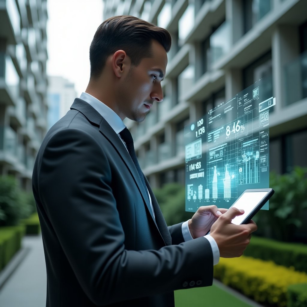 (Ultra-realistic condominium manager in a charcoal gray tailored suit, set in a modern luxury condominium environment with high-rise buildings and manicured greenery, analyzing holographic financial charts projected from a tablet, floating icons of documents and currency symbols surrounding them, focused and confident expression, cinematic lighting, shallow depth of field, highly detailed textures, realistic skin, photographic realism, 8k resolution --ar 1:1 --v 6)
