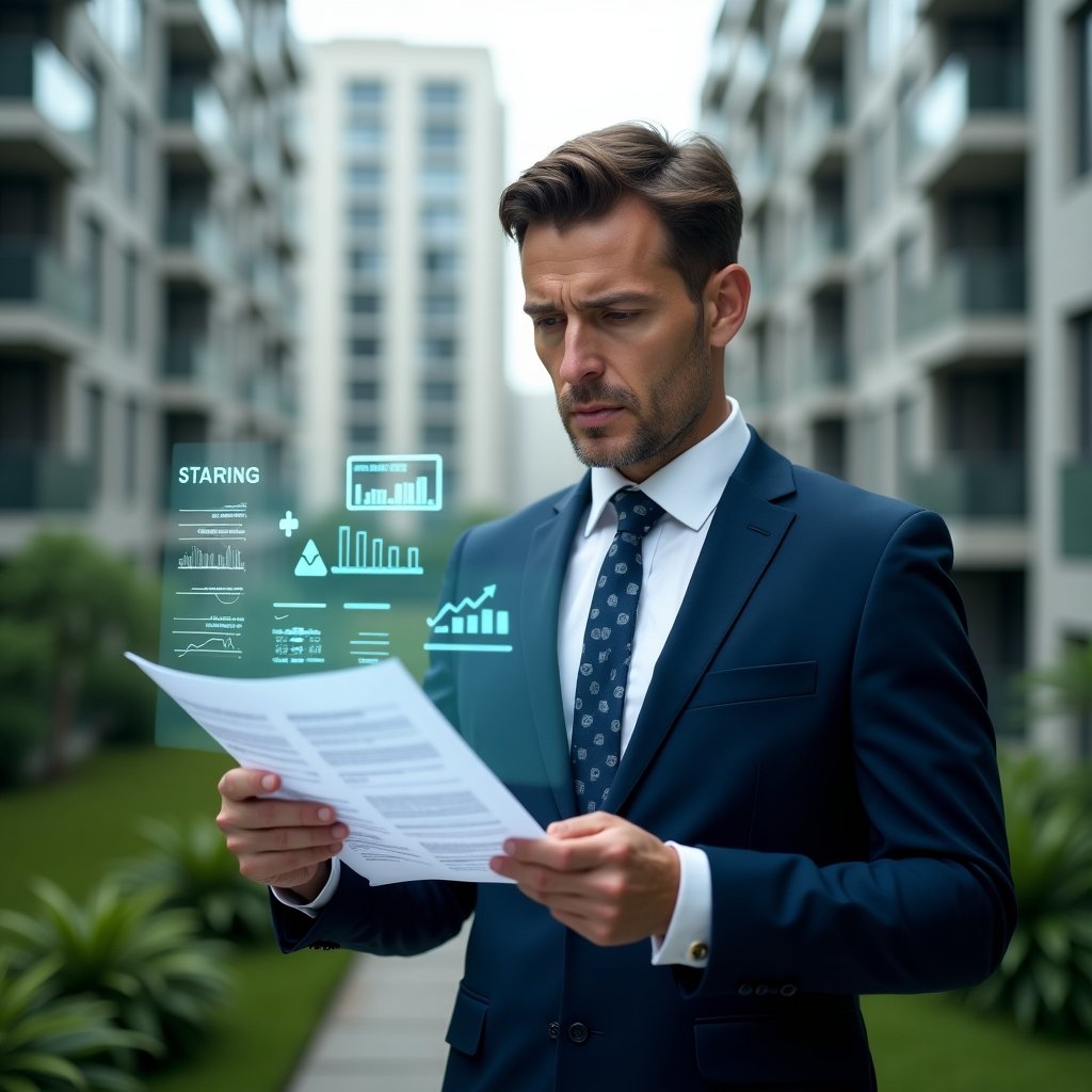 (Ultra-realistic condominium manager in a navy executive suit, set in a modern luxury condominium environment with high-rise buildings and lush green landscaping, reviewing holographic financial reports with floating spreadsheets and warning icons to symbolize accounting errors, serious and focused expression, cinematic lighting, shallow depth of field, highly detailed textures, realistic skin, photographic realism, 8k resolution --ar 1:1 --v 6)