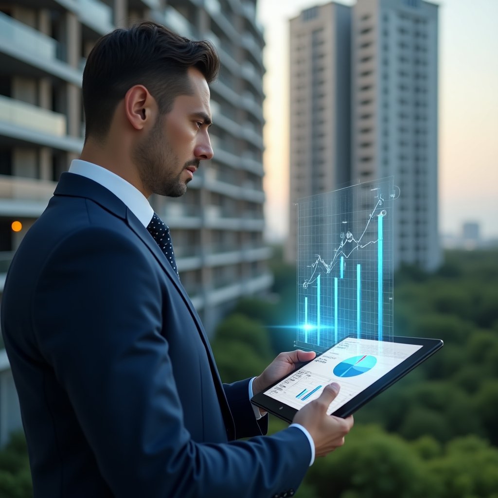 Ultra-realistic condominium manager in a navy blue suit, set in a modern luxury condominium environment with high-rise buildings and green landscaping, mid-shot close-up, focused expression as they review a holographic financial report projected above a tablet, floating bar graphs and pie charts symbolizing accountability, cinematic lighting, shallow depth of field, highly detailed textures, realistic skin, photographic realism, 8k resolution --ar 1:1 --v 6