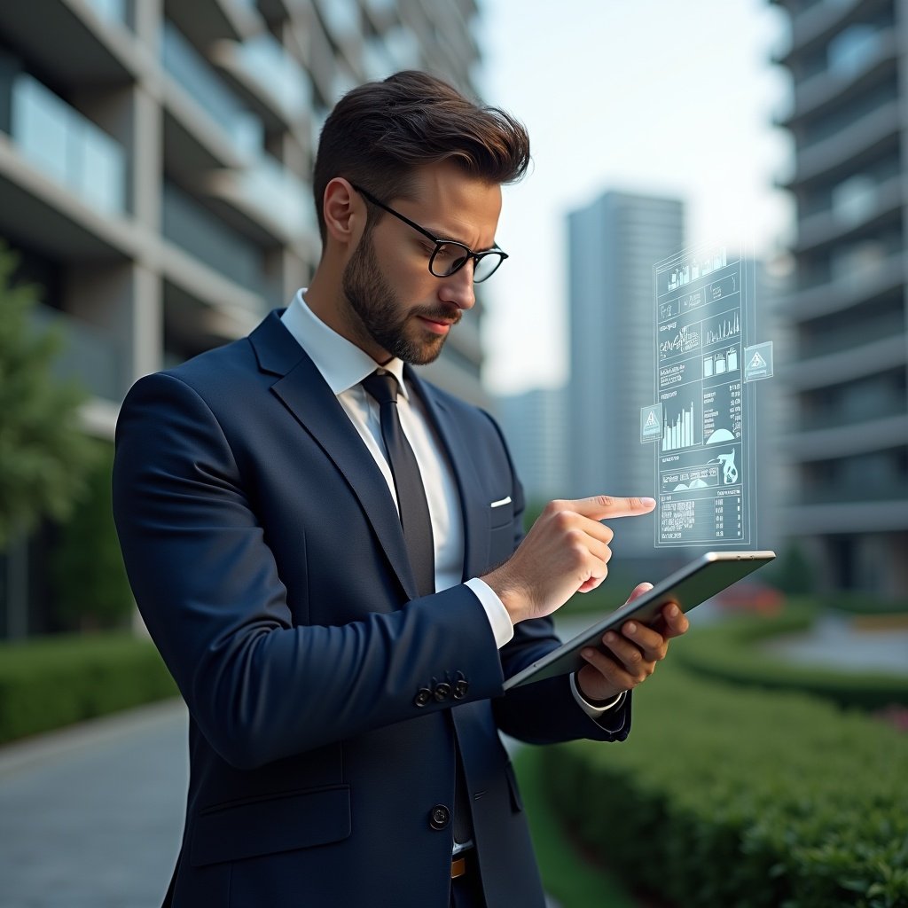(Ultra-realistic condominium manager in a tailored navy suit, set in a modern luxury condominium environment with high-rise buildings and manicured green landscaping, reviewing financial documents on a sleek tablet while pointing thoughtfully at a floating holographic ledger with bar charts and pie graphs highlighting errors, cinematic lighting, shallow depth of field, highly detailed textures, realistic skin, photographic realism, 8k resolution --ar 1:1 --v 6)