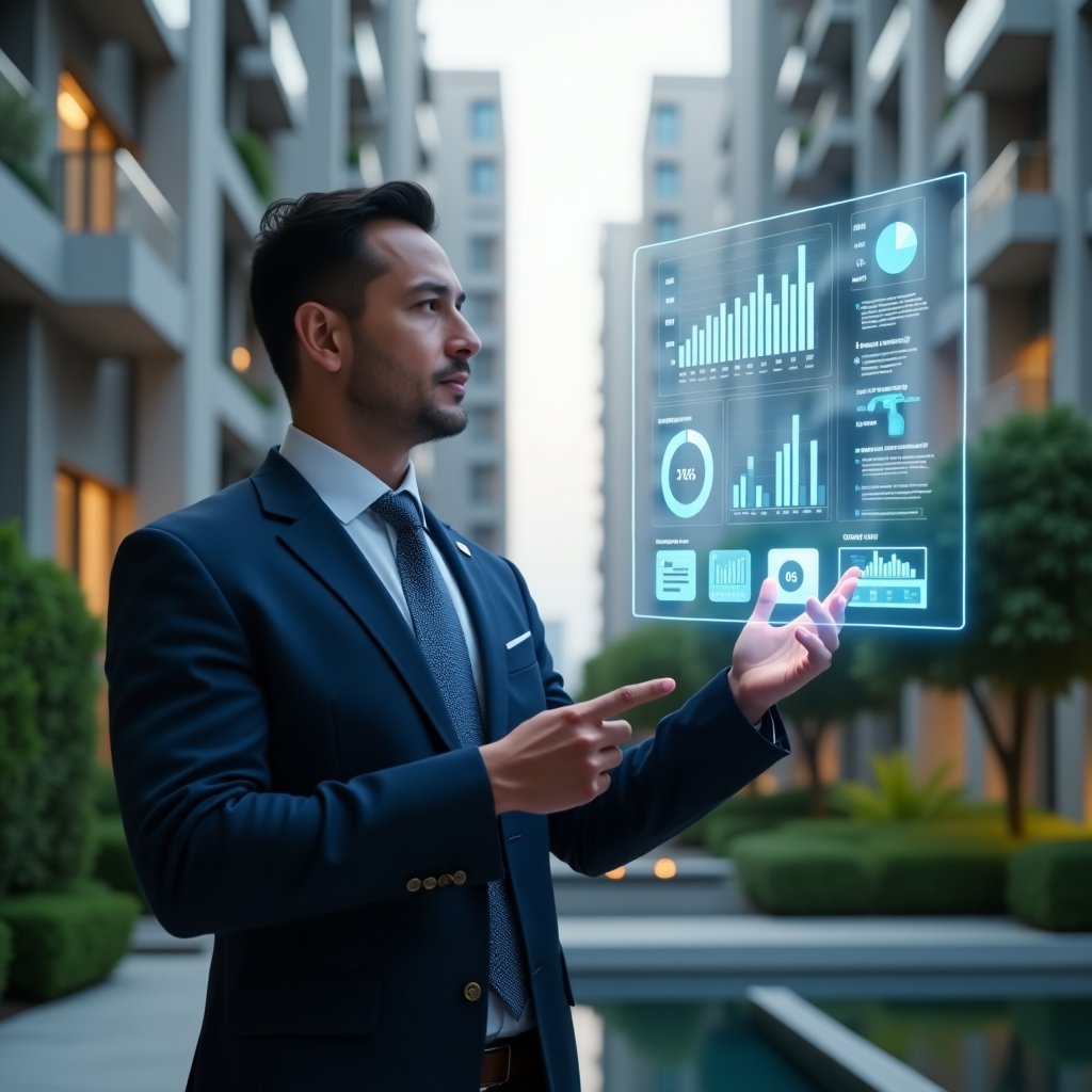 (Ultra-realistic condominium manager in a navy blue tailored suit, set in a modern luxury condominium environment with high-rise buildings and green landscaping, confidently reviewing and pointing to a floating holographic financial dashboard, holographic charts illustrating clear accounting data, cinematic lighting, shallow depth of field, highly detailed textures, realistic skin, photographic realism, 8k resolution --ar 1:1 --v 6)