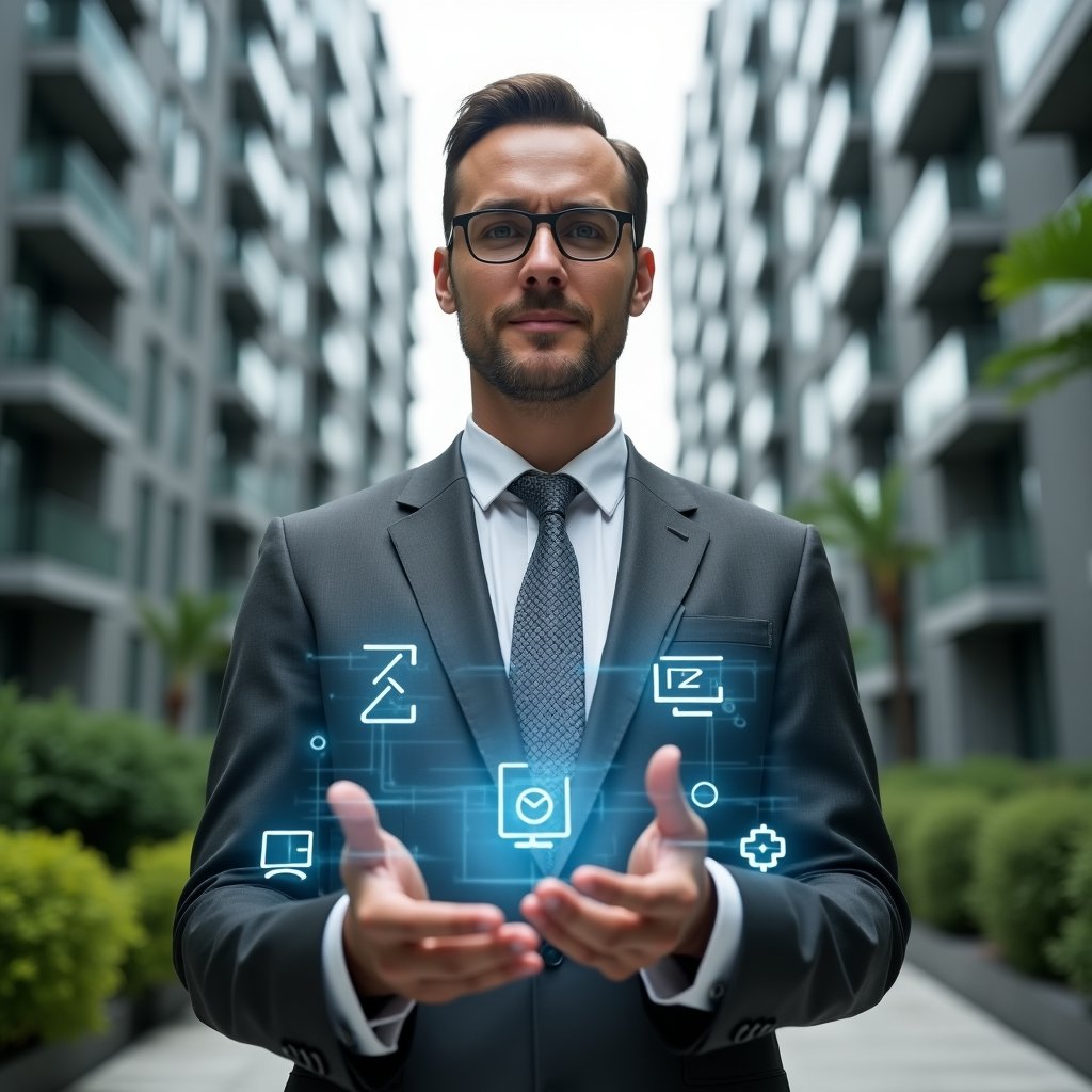 Ultra-realistic condo manager in a tailored gray suit, set in a modern luxury condominium environment with high-rise buildings and meticulously landscaped gardens, holding and interacting with a floating holographic interface displaying icons for finance, maintenance, bookings, messaging, security and analytics, confident expression, cinematic lighting, shallow depth of field, highly detailed textures, realistic skin, photographic realism, 8k resolution --ar 1:1 --v 6